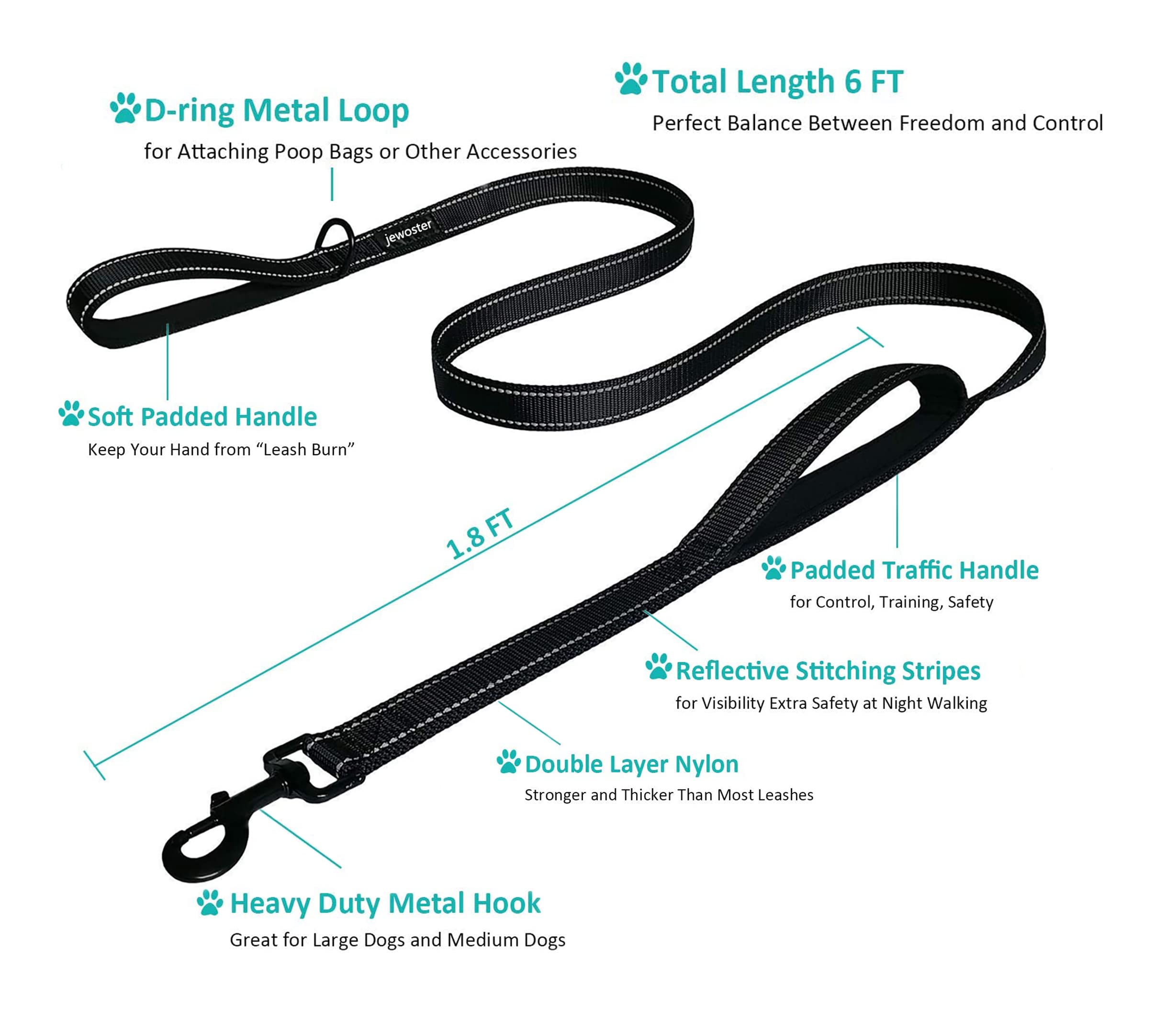 Heavy Duty Dog Leash - 2 Handles By Padded Traffic Handle For Extra Control, 6Foot Long - Perfect For Medium To Large Dogs (6 Ft