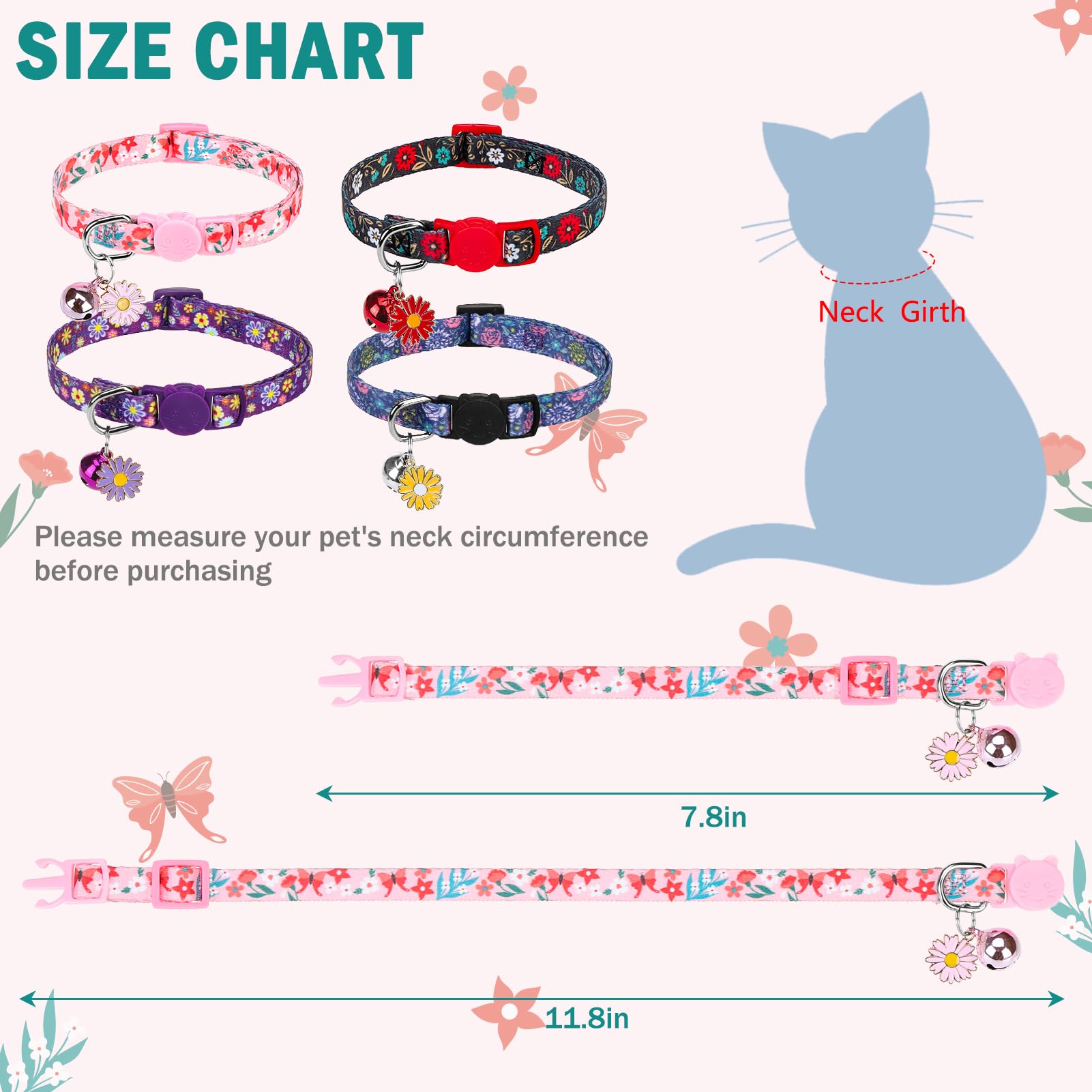 Scenereal Cute Cat Collars With Bells Breakaway, 4 Pack Floral Daisy Pendant Spring Summer Pet Collar For Girl Boy Cats, Adjusta