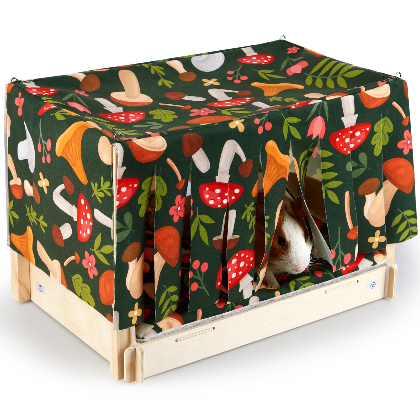 Glittme Guinea Pig Hideout, Wooden Guinea Pig Bed With Waterproof Mat, Durable Rabbit Bed With Door Curtain For Guinea Pig, Rabb
