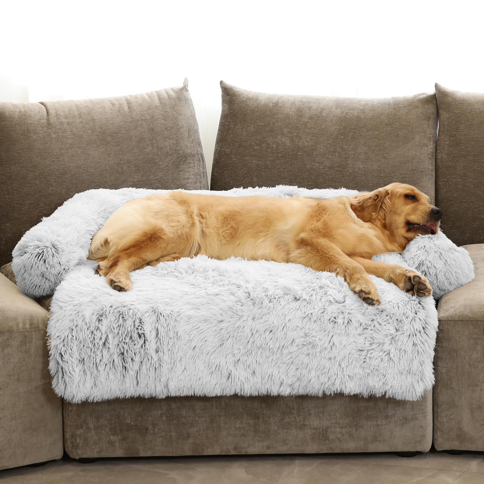 Calming Dog Bed Fluffy Plush Dog Mat For Furniture Protector With Removable Washable Cover For Large Medium Small Dogs And Cats (Extra Large (53X39.3X6), Light Grey)