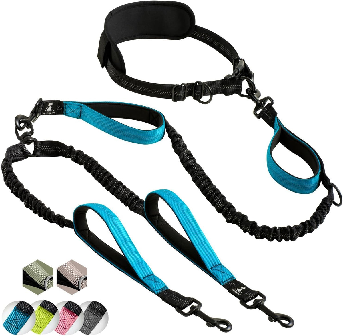 Sparklypets Hands Free Dual Dog Leash For Medium And Large Dogs - Padded Handles, Reflective Stitches, No Pull, Tangle Free Blue