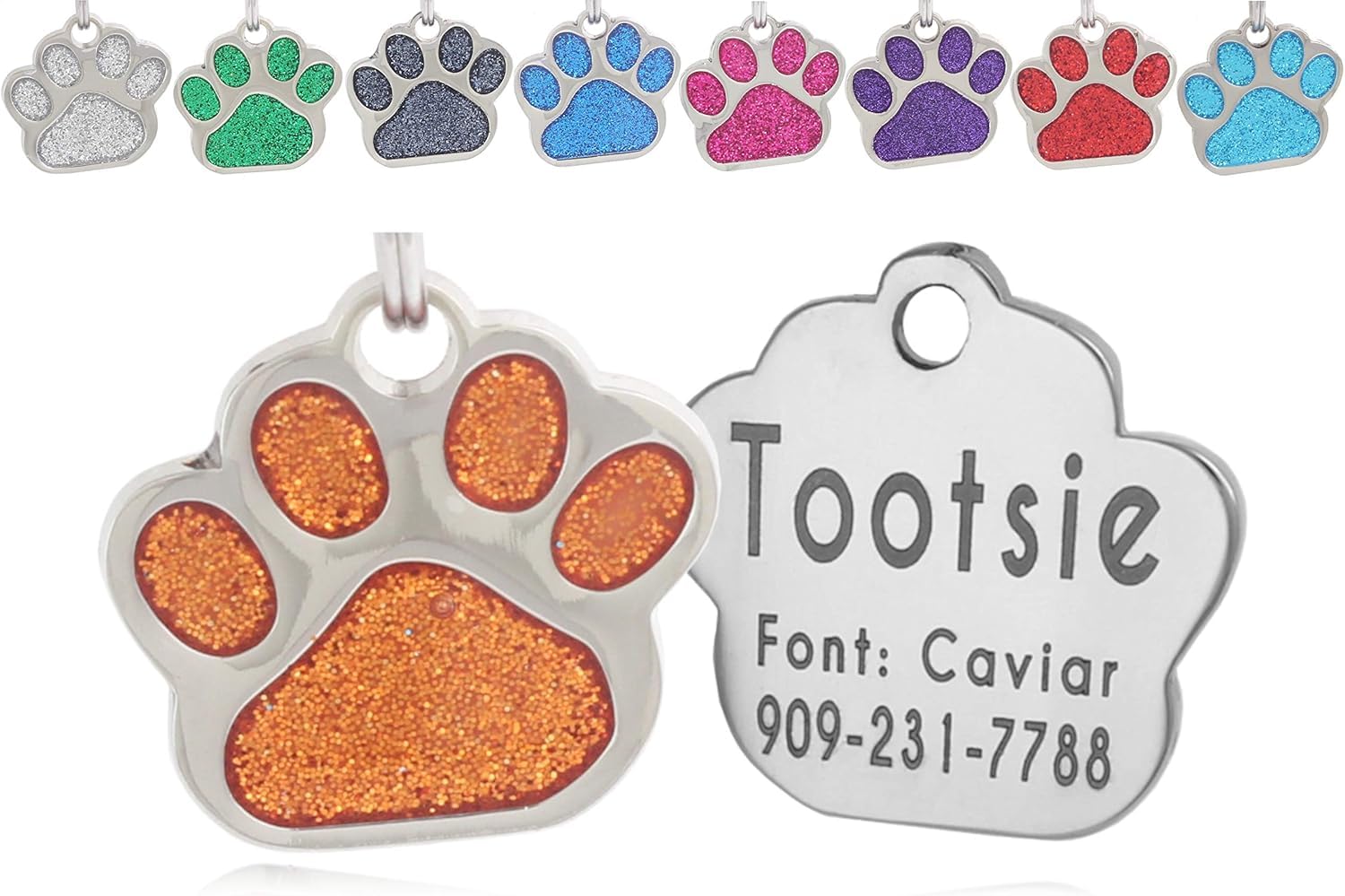Io Tags Pet Id Tags, Personalized Dog Tags And Cat Tags, Custom Engraved, Easy To Read, Cute Glitter Paw Pet Tag (Glitter Orange