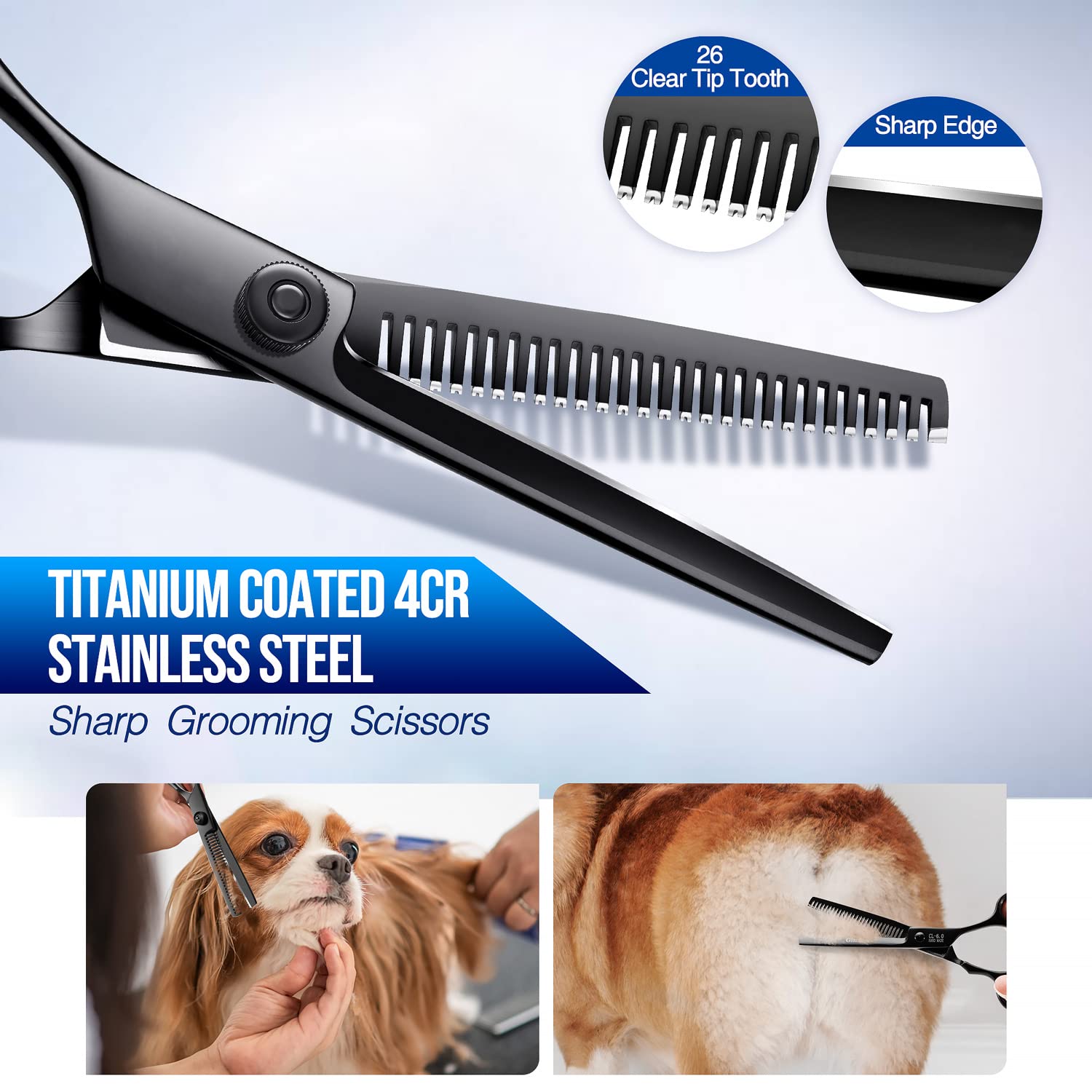 Gimars Dog Grooming Scissors Kit Professional 4Cr With Safety Round Tip, 5 In 1 Heavy Duty Titanium Coated Thinning & Curved & Straight Shears Black