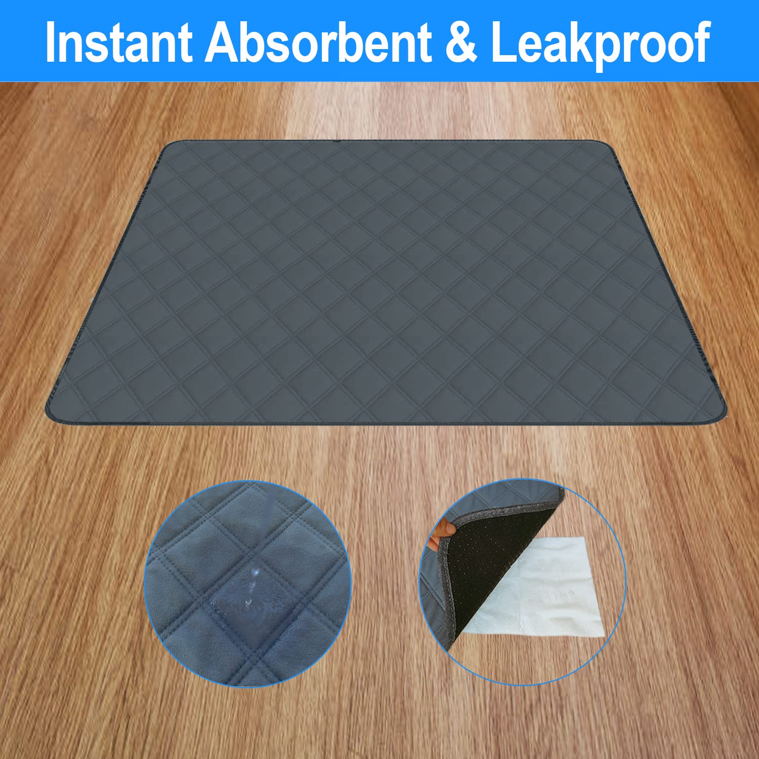 Rioussi Washable Pee Pads For Dogs, Reusable, Absorbent, Leakproof, Non Slip Pet Puppy Pads For Potty Training. Dark Gray, 24X36