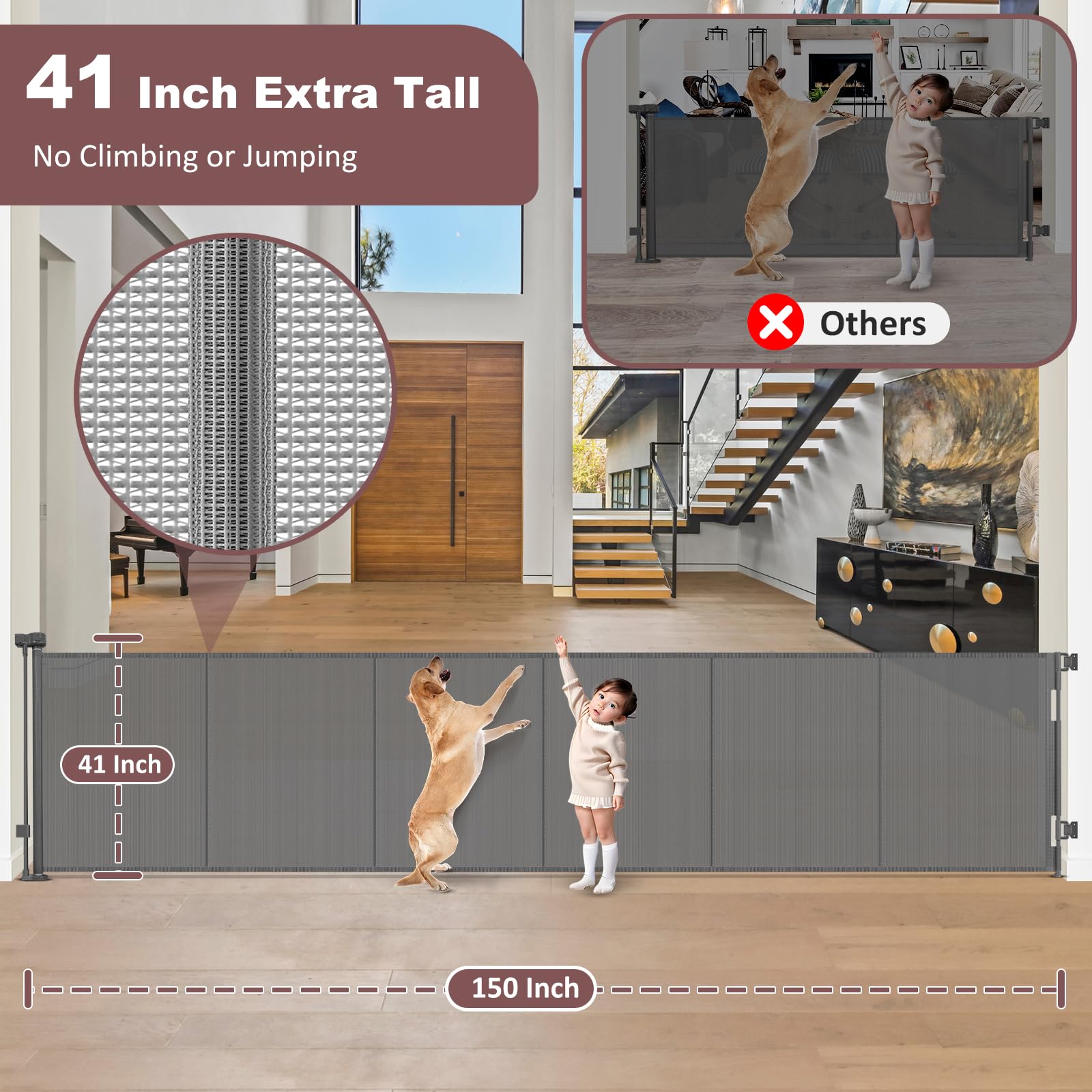 Reinforced 41'' Extra Tall Retractable Baby Gates Extra Wide Dog Gate 150'' Retractable Pet Gate with Support Rods, Indoor Mesh