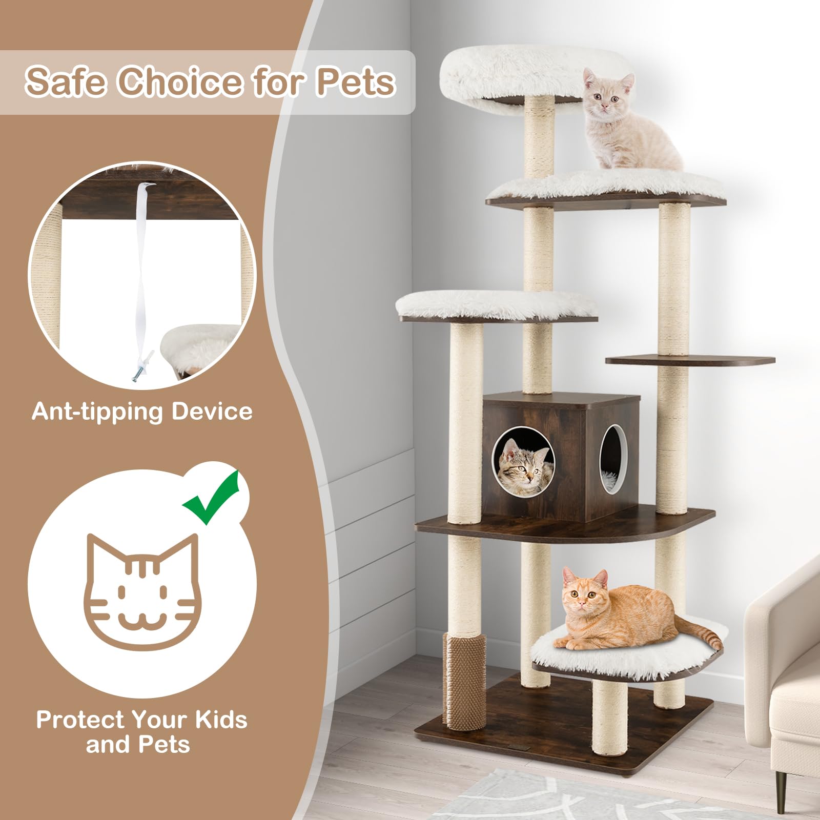 Petsite Tall Cat Tree For Indoor Cats, 71 Inches Multi-Level Modern Cat Tower With Plush Perch, Cozy Condo, Platforms, Sisal Scr
