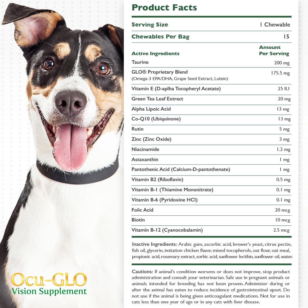 Ocu-GLO Cat & Dog Senior Supplement for Eye Support - Chewable Vision Vitamins Supplements for Large and Small Pets Care with Lu