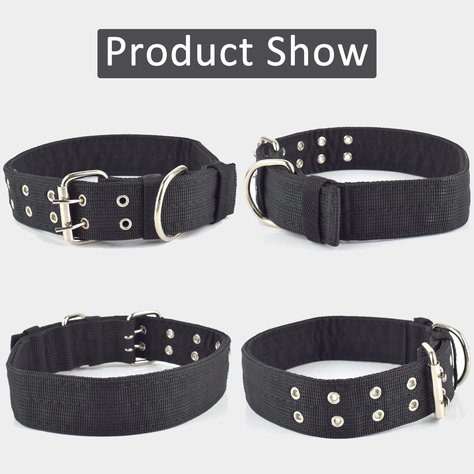 Cdycam Military Adjustable Dog Collar, 1.5 Inch Wide D Ring & Buckle 2-Rows Dog Collar, Black Nylon Tactical Dog Collars For Large Dog