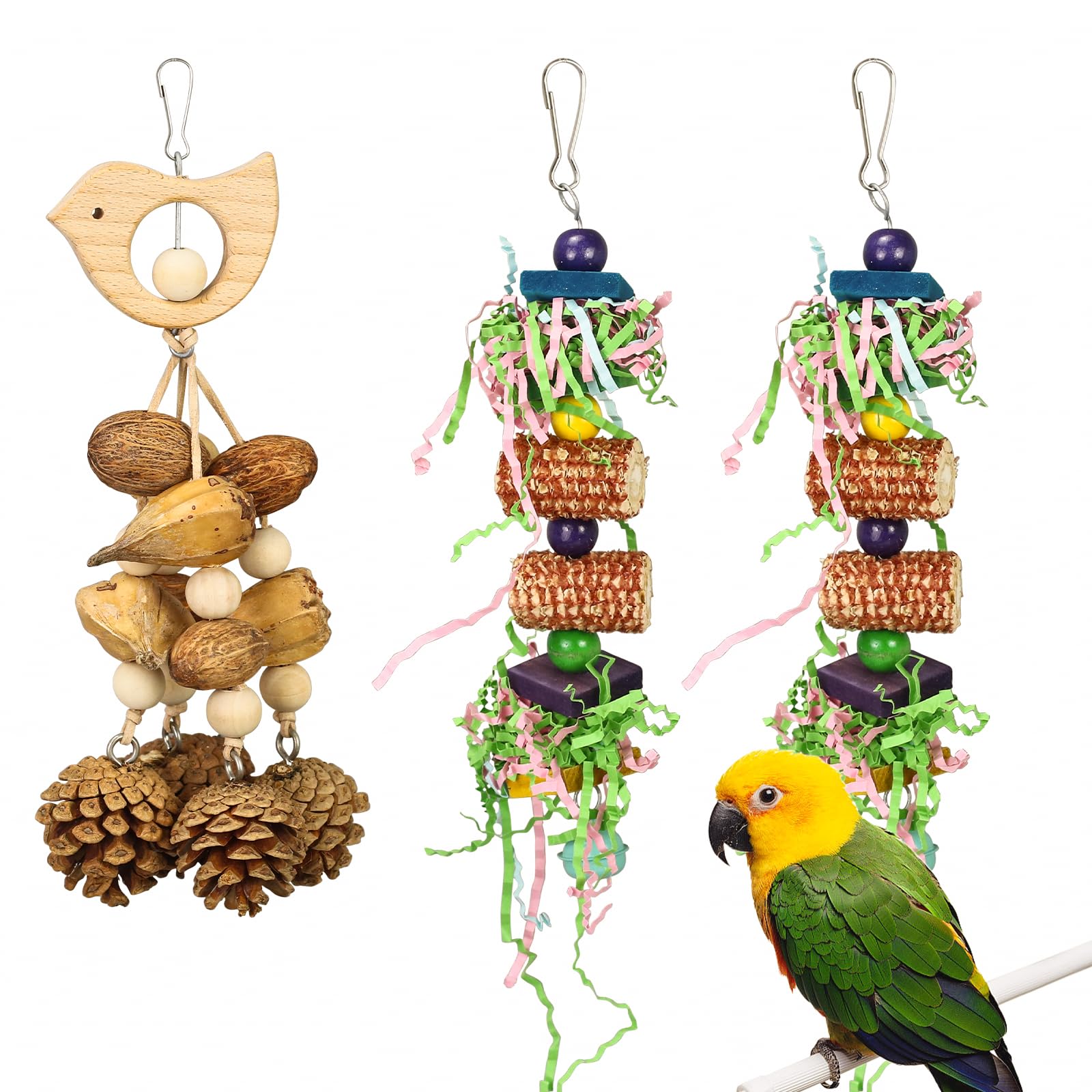 Bird Toys 3 Pack Parrot Toys Natural Bird Cage Accessories Shredded Foraging Supplies Suitable For Parakeets, Cockatiels, Conure