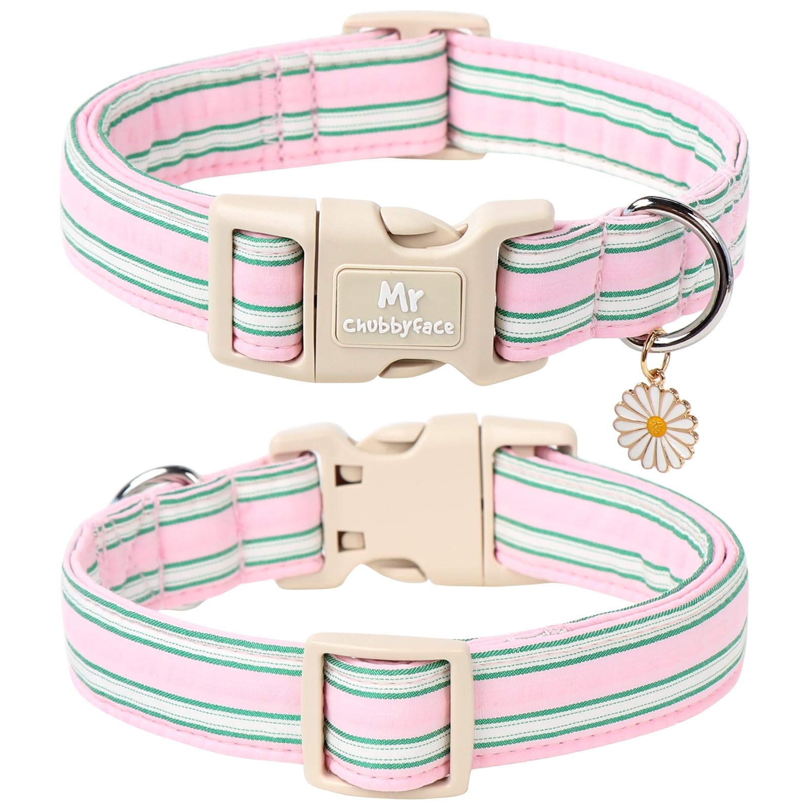 Mr.Chubbyface Cotton Dog Collar, Cute Pink Summer Puppy Collar With Plastic Buckle, Adjustable Soft Natural Fabric Pet Collar Fo