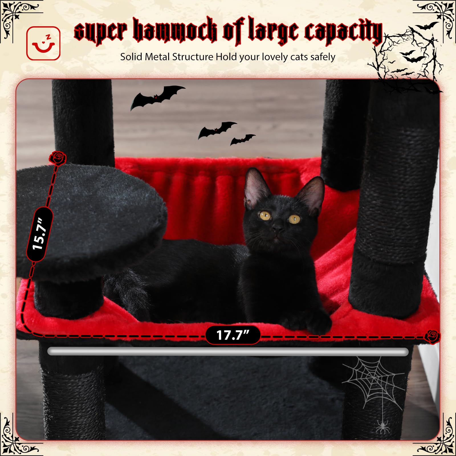 Pequlti 45.7'' Gothic Cat Tree For Indoor Cats With Metal Frame Big Hammock, Cat Tower For Small Or Medium Cats With Cat Condo H