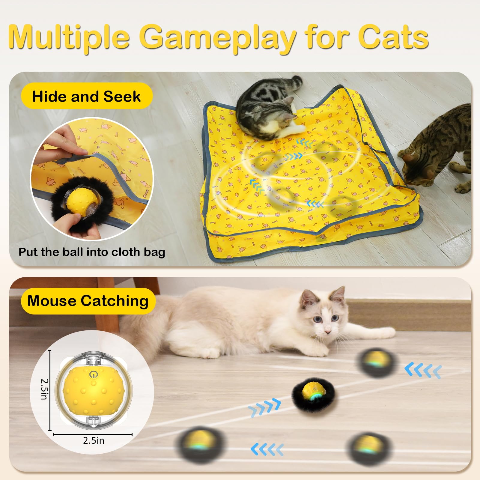 Muhhiba Interactive Cat Toy - Electric Rolling Ball, Medium, Yellow, Motion Activated with LED Light, Ideal for Indoor Cats