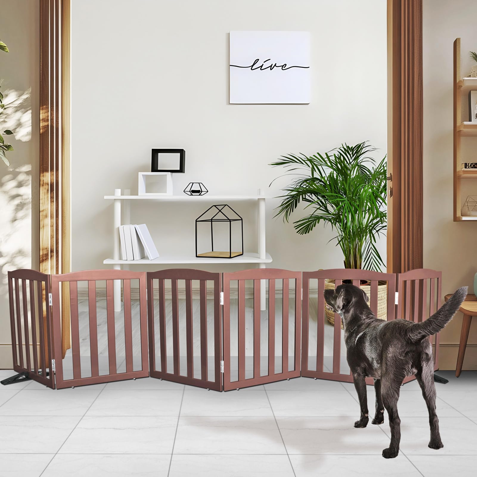SFJC Freestanding Dog Gate Indoor,Doggie Gate Foldable Pet Gates for Doorways,Stairs or Hallways, Wooden Brown Pet Gate for The 