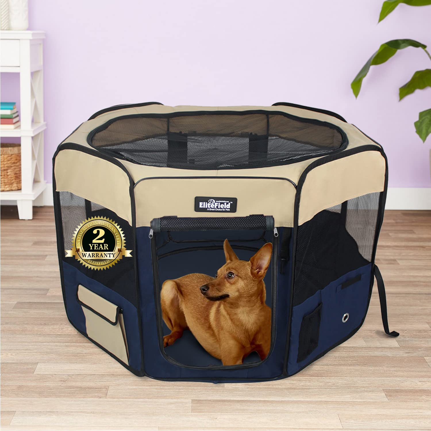 Elitefield 2-Door Soft Pet Playpen (2 Year Warranty), Exercise Pen, Multiple Sizes And Colors Available For Dogs, Cats And Other Pets (30' X 30' X 20'H, Beige+Navy Blue)