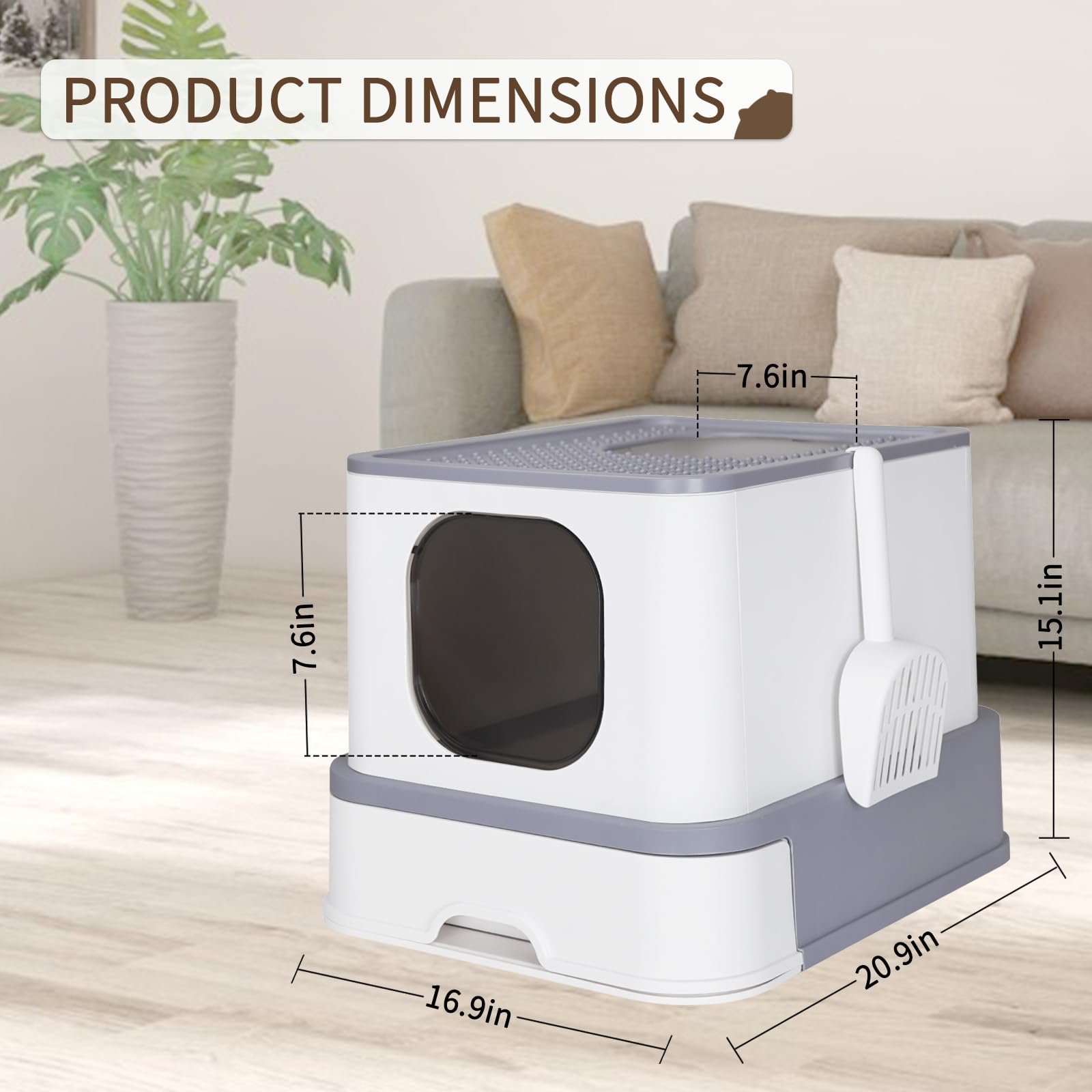 RIZZARI Cat Litter Box, Foldable Cat Box with Drawer, Large Capacity Litter Box with Lid, Top Opening Litter Pan for Small to Bi