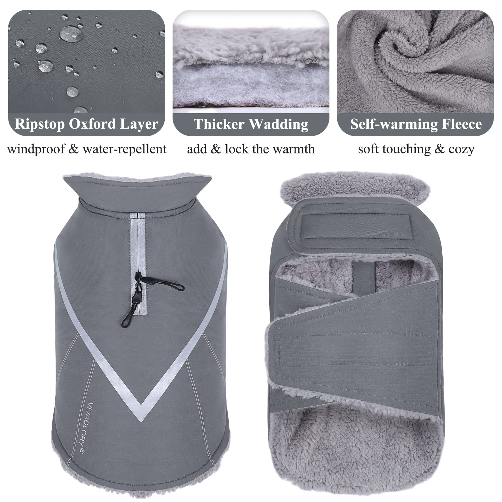 Vivaglory Dog Cold Weather Coats, Super Warm And Cozy Dog Jacket For Cold Weather, Sports Style Dog Fleece Jacket For Small Dog, Grey, Xxs