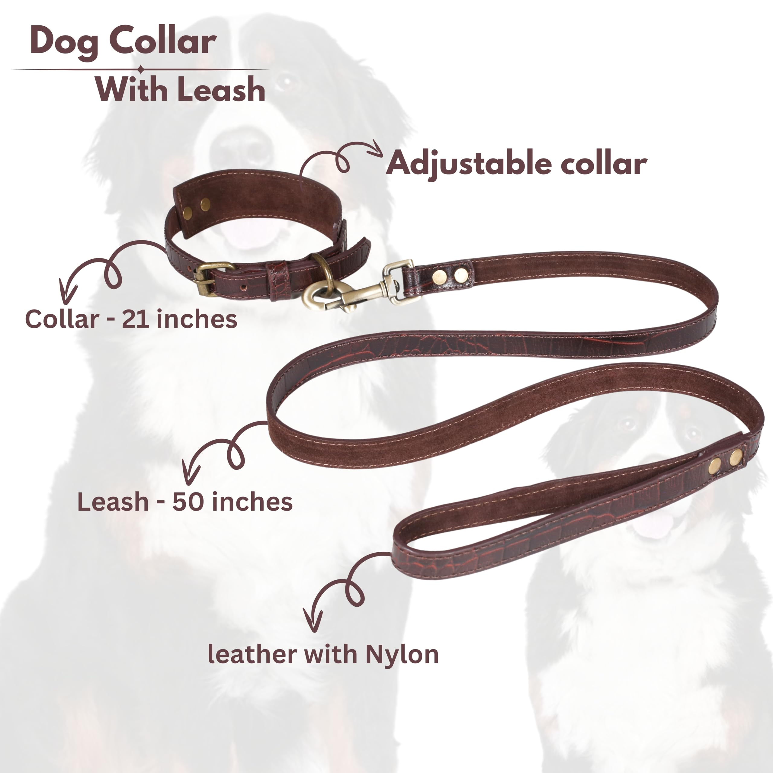 Genuine Leather Dog Collar And Leash Set With Metal Buckle - Soft, Comfortable, Durable Adjustable Collar And Leash Combo, Premi