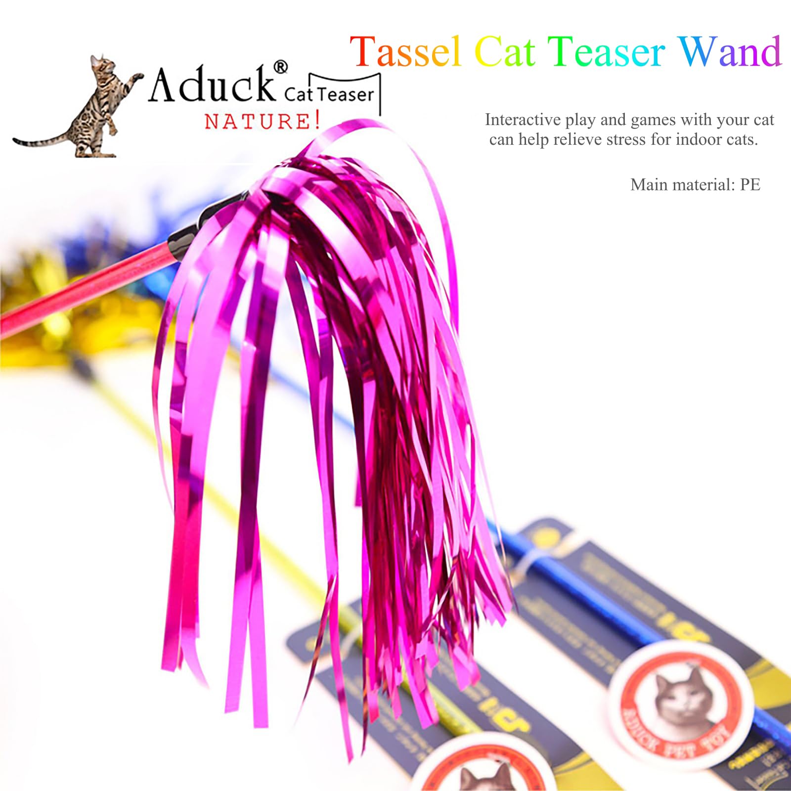 Aduck Cat Toys Interactive Teaser Wand Toy With Tassels Worms Catcher For Cats Kitten, Pack Of 3 (Gold + Blue + Pink)