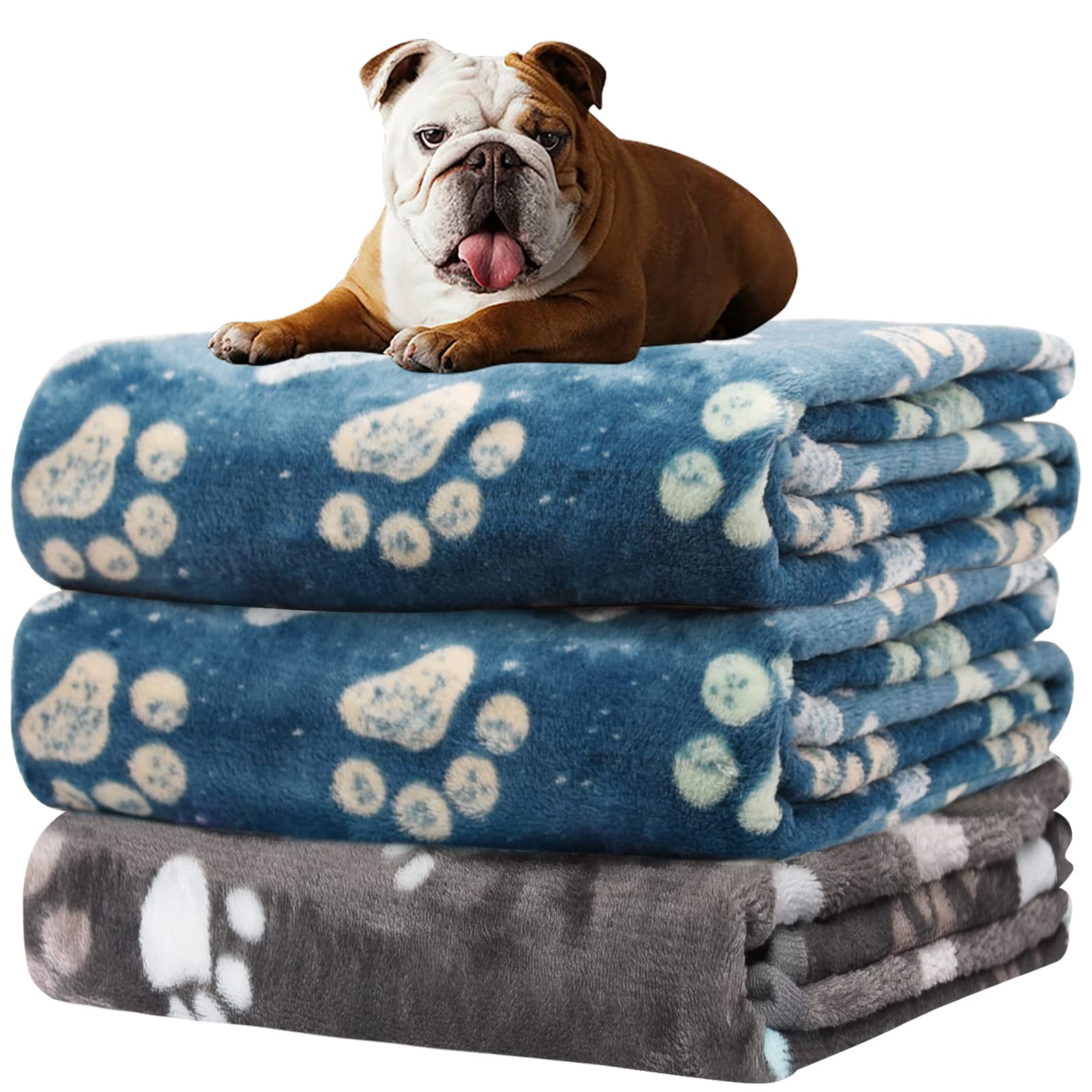 1 Pack 3 Blankets For Dogs, Dog Blankets For Large Dogs, Medium Dog Blanket Super Soft Fluffy Premium Fleece Pet Blanket Flannel Throw For Dog Puppy Cat Paw Blanket, Blue 2+Gray 1,20X30Inch