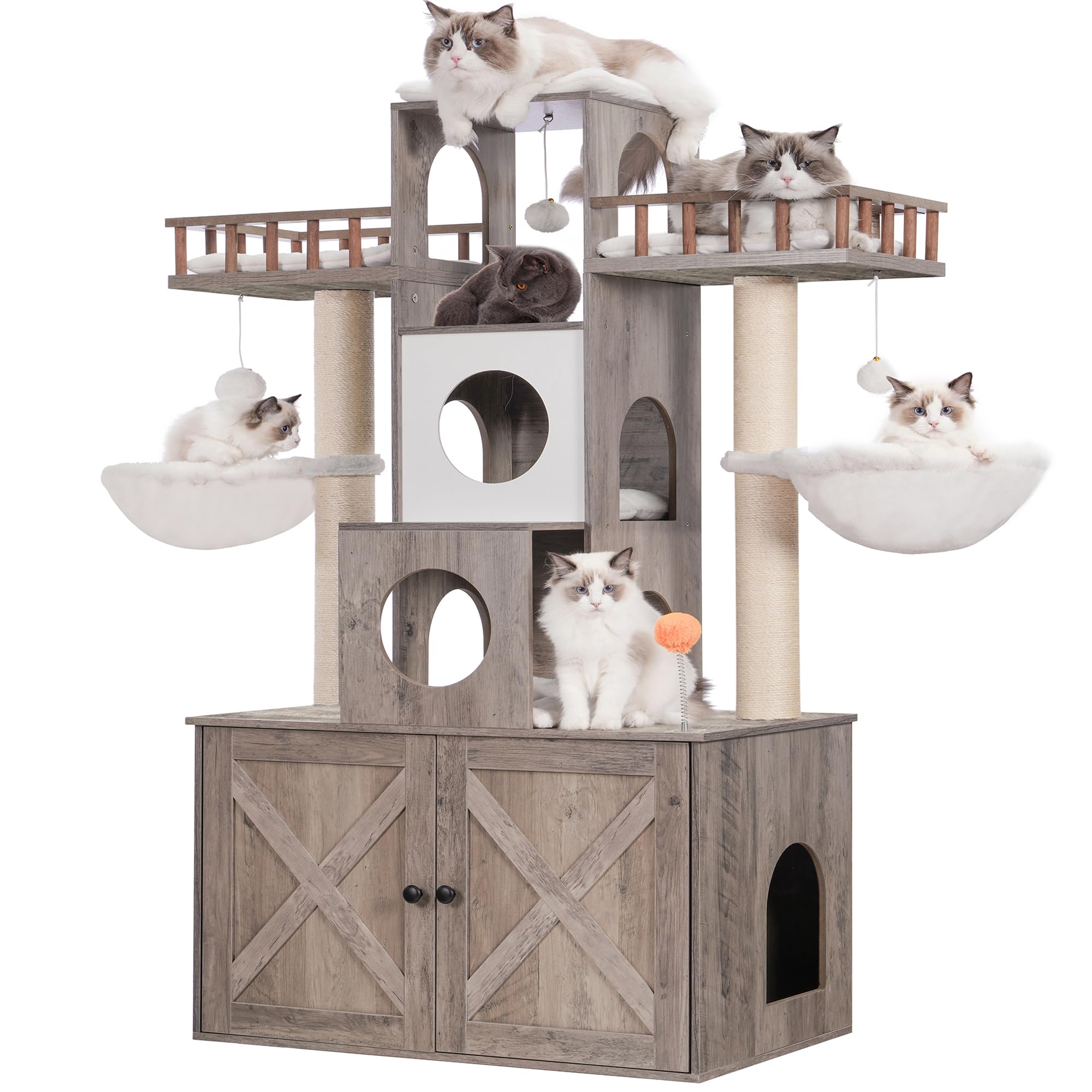 Heybly Cat Tree With Litter Box Enclosure For Indoor Big Cat, Cat Tower For Large Cats 20 Lbs Heavy Duty, Modern Cat Condo Furni