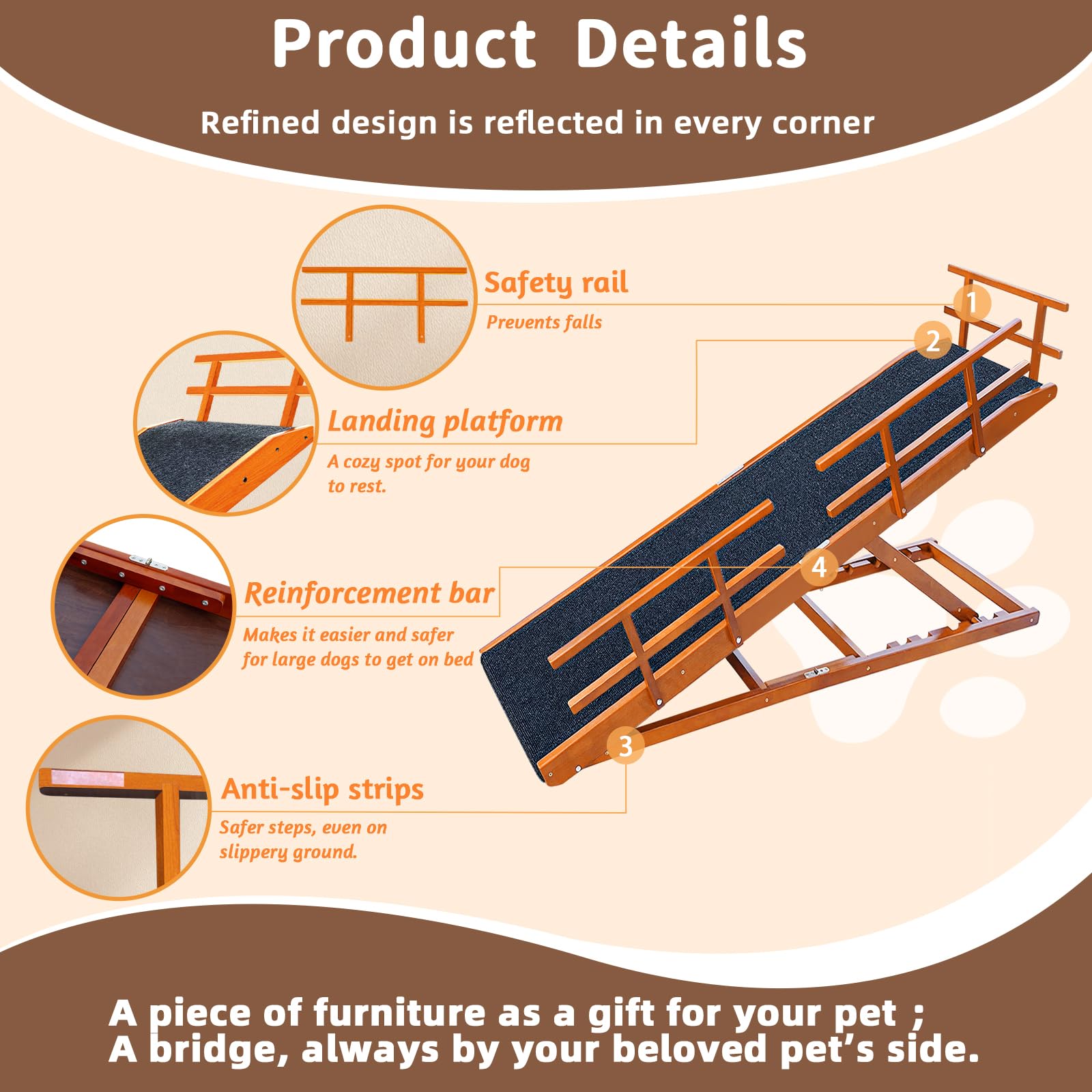 Jopavo Dog Ramp For Bed - 65'' Length, Supports Up To 32'' Height,Includes Non-Slip Replaceable Carpet, Safety Rails & Landing P