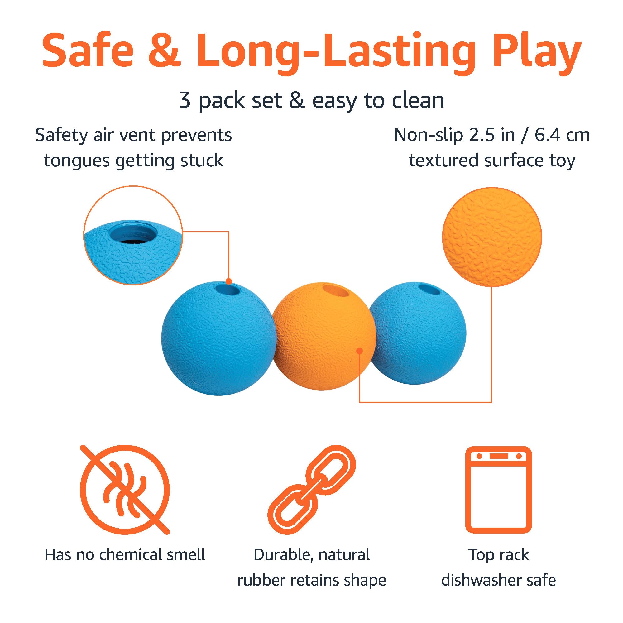 Amazon Basics Interactive Rubber Dog Toys, Pack of 3, 2.5 inch, Blue & Orange