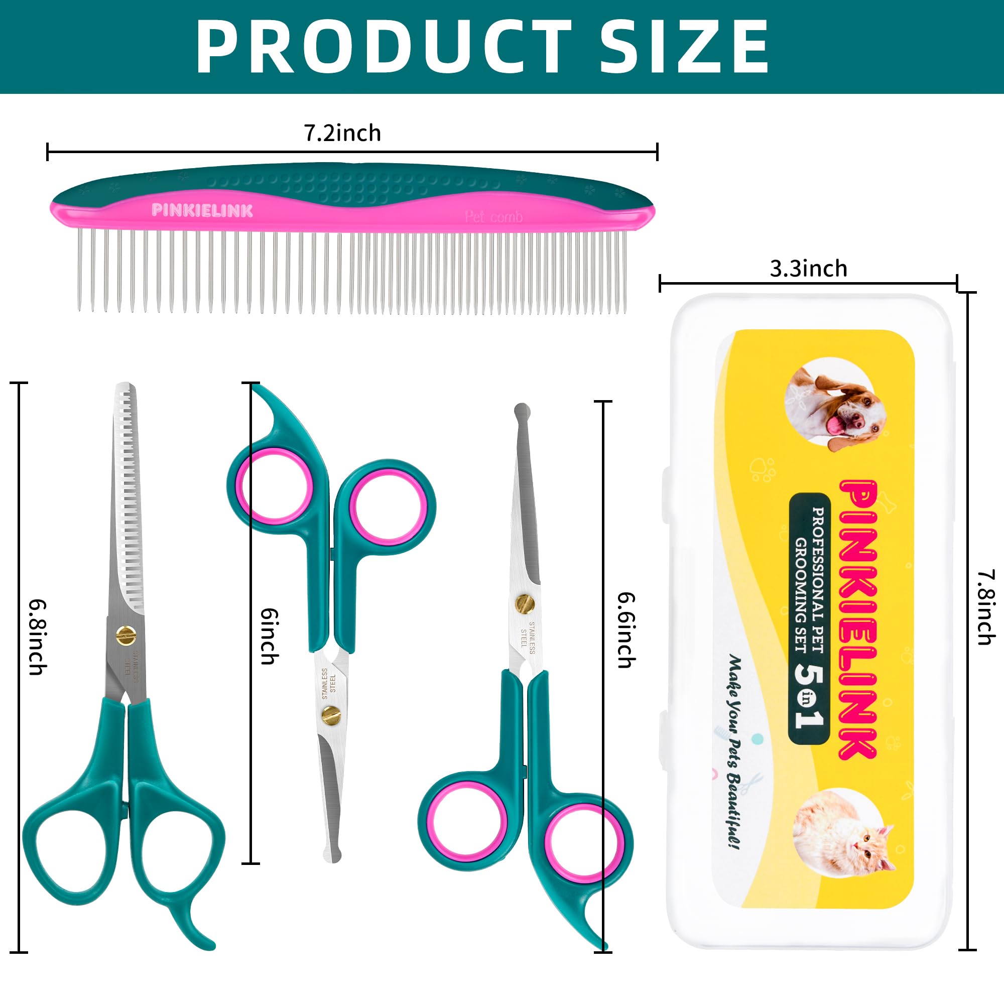 Professional 5 In 1 Pet Grooming Kit - Stainless Steel Dog & Cat Grooming Scissors With Rounded Tip Blades For Safe Fur Trimming