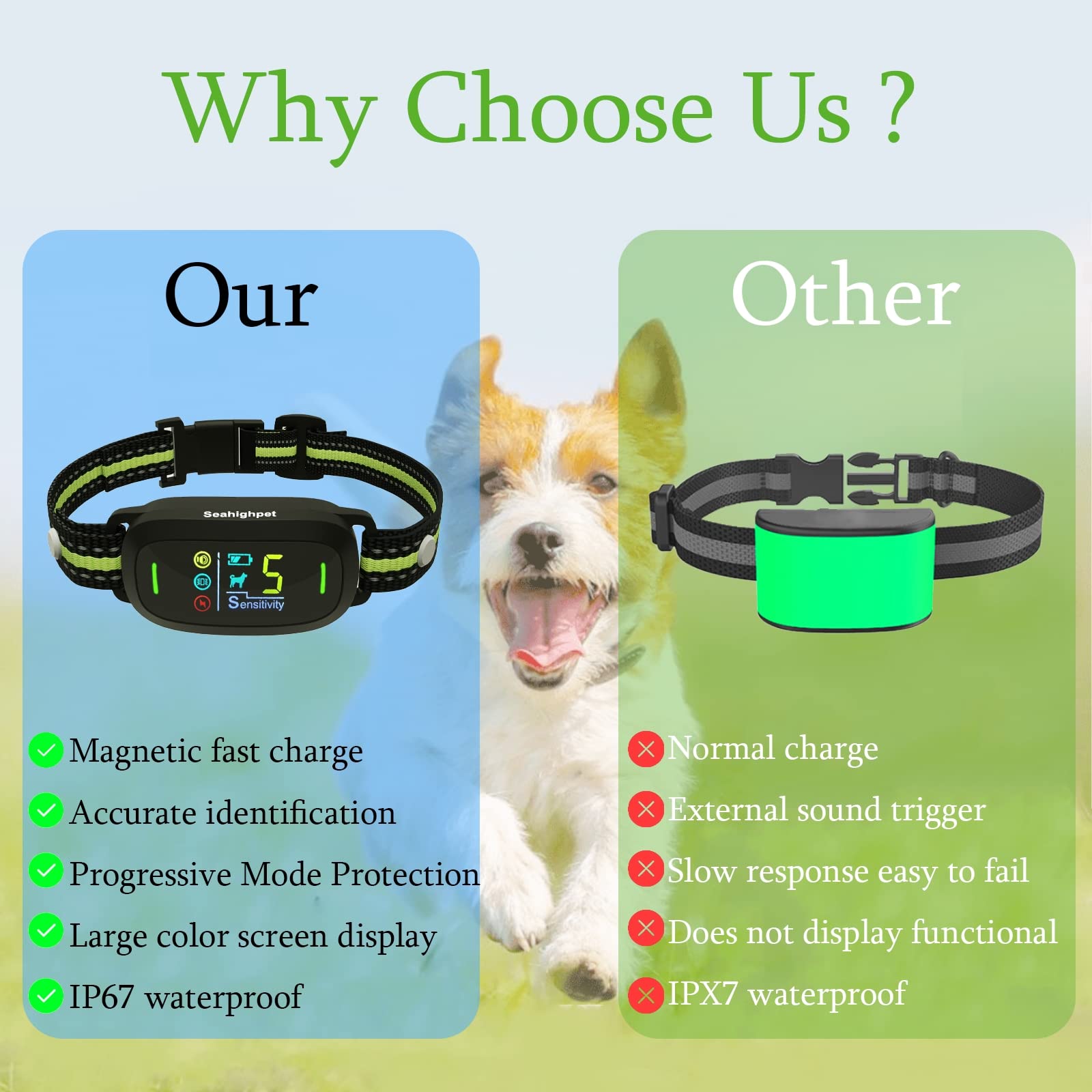 Seahighpet Rechargeable Dog Bark Collar: Anti Barking Collar With 5 Adjustable Sensitivity Smart Triggering No Bark Collars For Small Medium Large Dogs With Beep | Vibration | Shock
