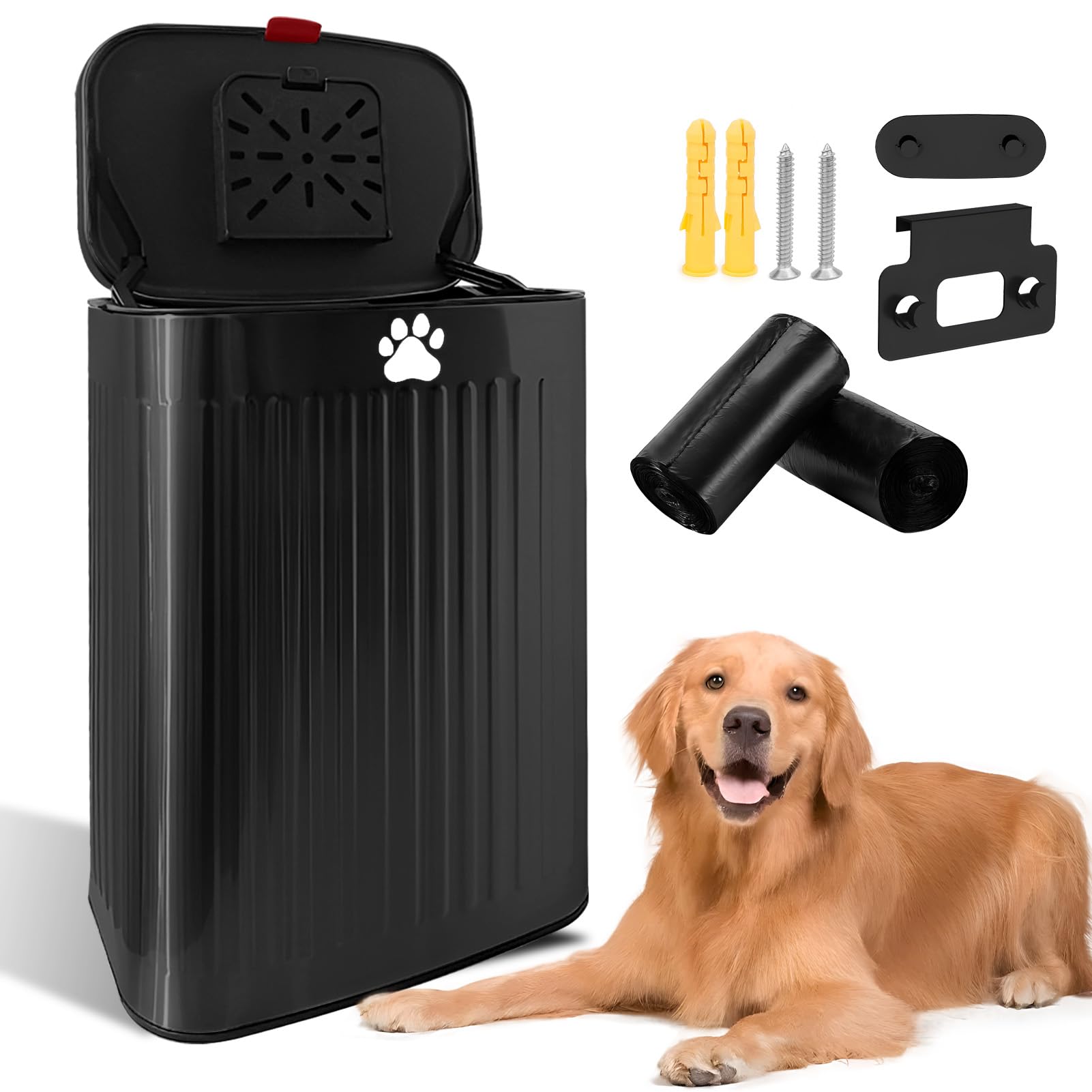 Kopuncare Dog Waste Trash Can Wall Mounted, 2.1Gal Small Outdoor Trash Can With Lid, Hanging On Fence, Dog Poop Bucket With 40 B