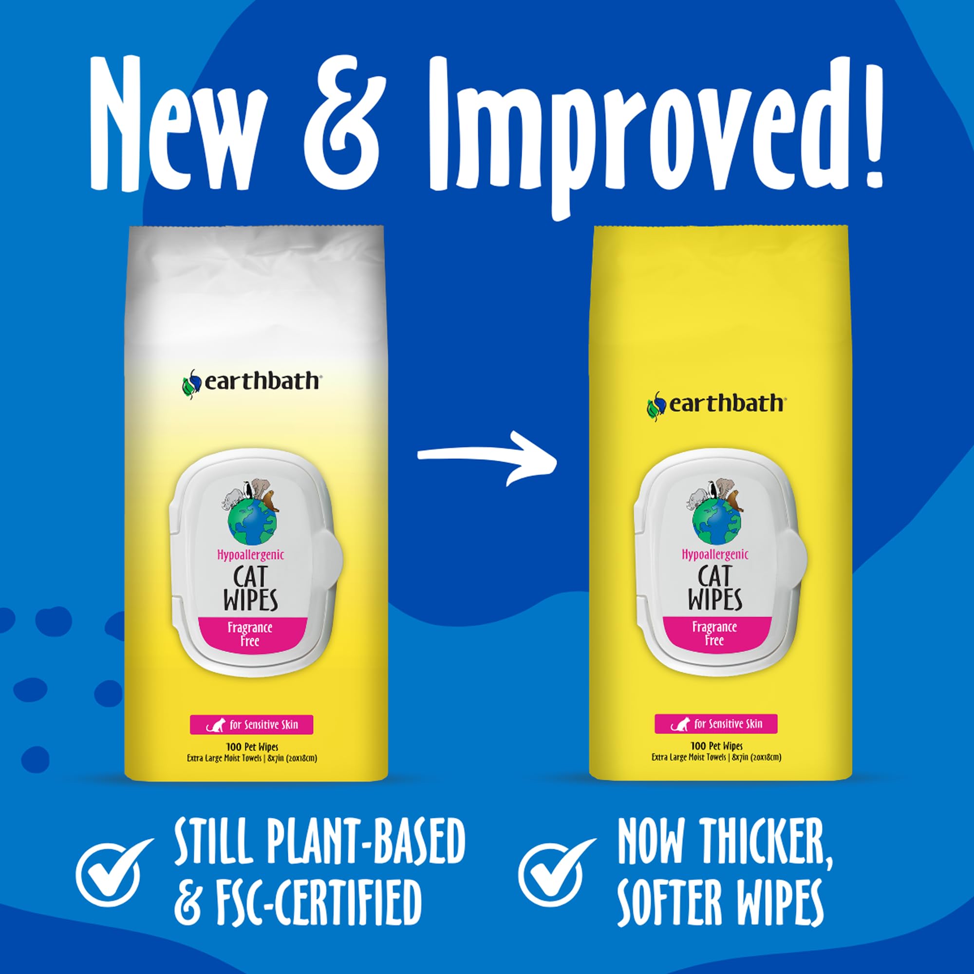 Earthbath, Hypo-Allergenic Cat Wipes - Fragrance Free Cat Wipes For Paws And Butt, Best Pet Wipes For Cats With Sensitive Skin,