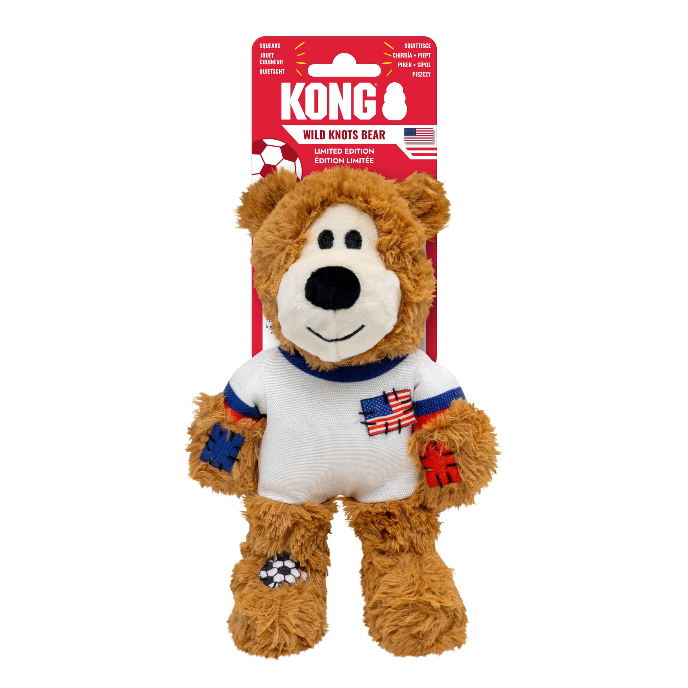 KONG Wild Knots Bear Soccer Player Dog Toy - USA - National Team Jersey Inspired - International Tournament Edition - Plush Rope