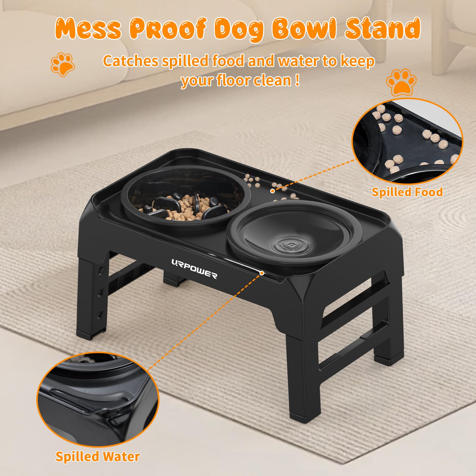 URPOWER 2-in-1 Elevated Dog Bowls Mess Proof Slow Feeder Dog Bowls with No Spill Dog Water Bowl 4 Height Adjustable Raised Dog B