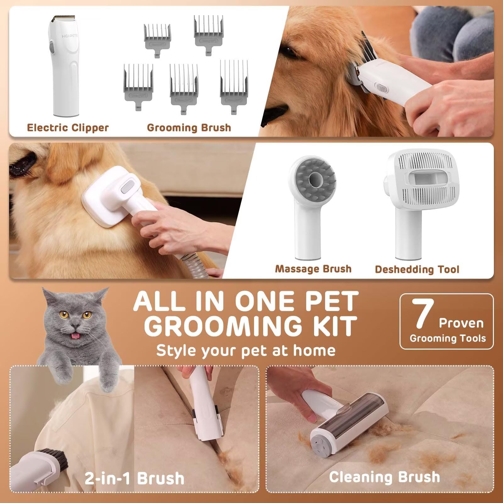Heapets Dog Grooming Vacuum Kit - 3L Vacuum With 7 Tools, Low Noise Electric Clipper And Brush For Pet Shedding At Home, Gray