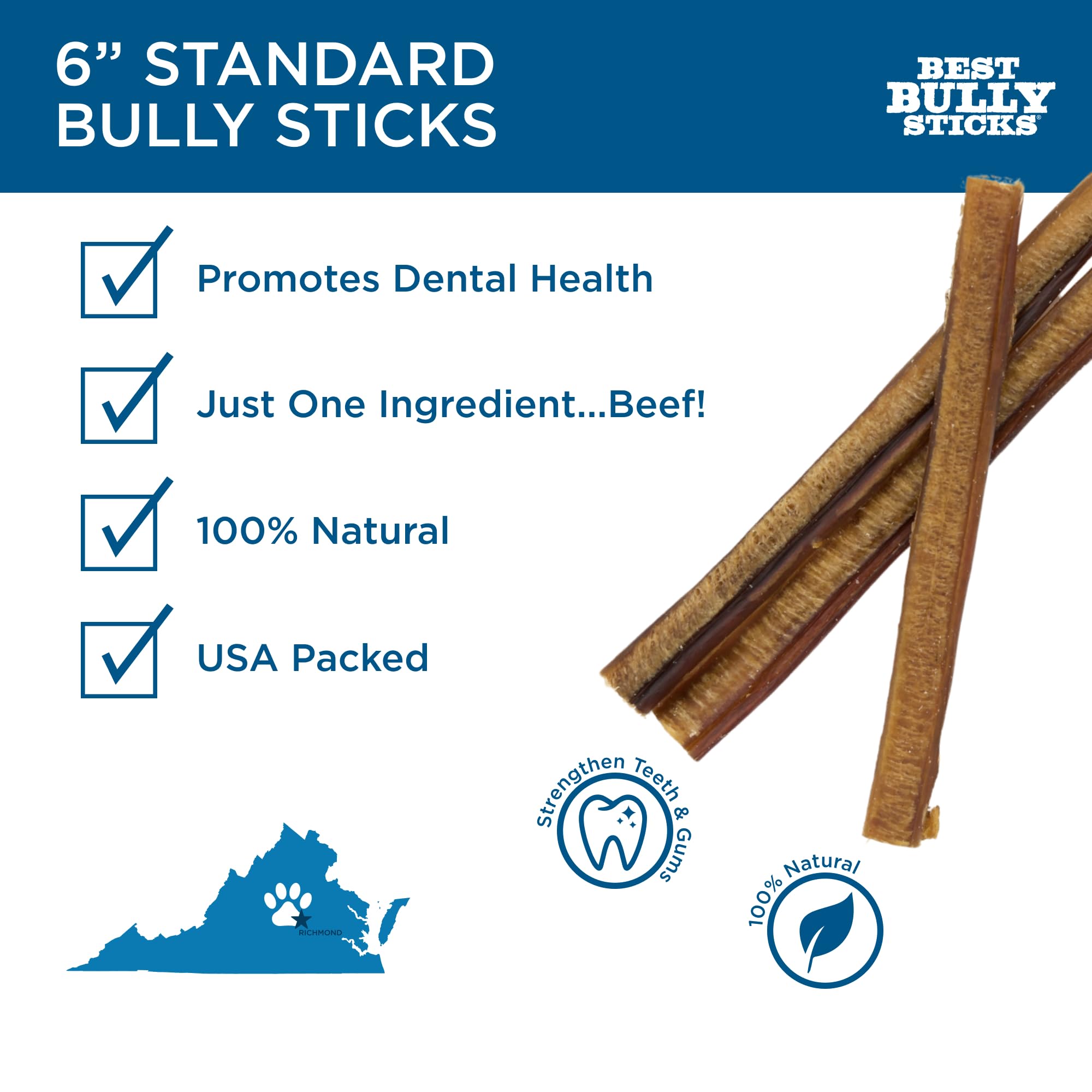 Best Bully Sticks 6 Inch Bully Sticks for Dogs - 50 Count (Pack of 1) - Natural, Easily Digestible, 100% Grass-Fed Beef, Grain a