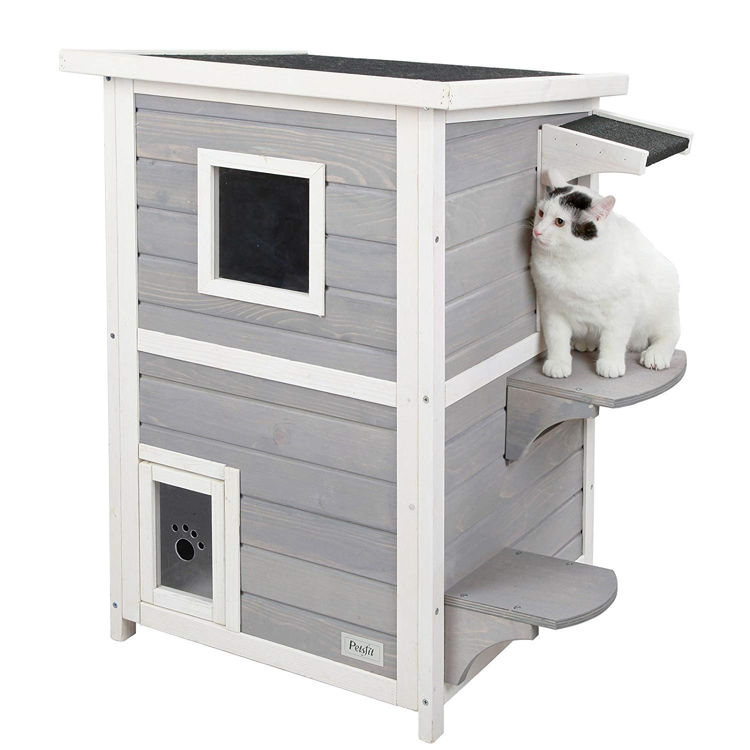 Petsfit Outdoor Cat House, 2 Story Outside Cat Shelter Condo Enclosure With Escape Door For Stray Feral Cats Weatherproof