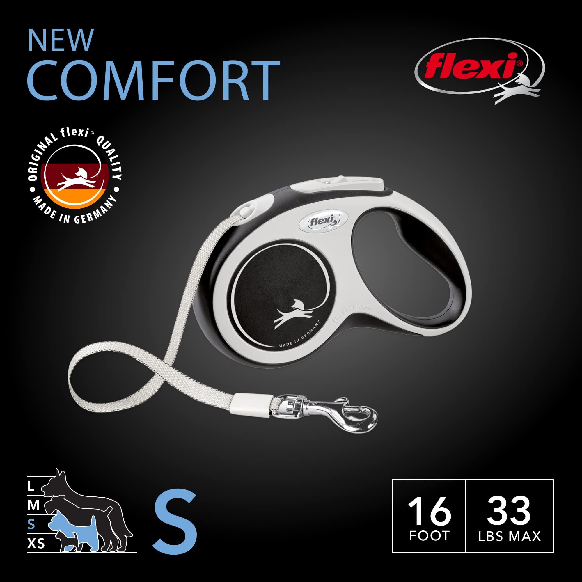 Flexi® New Comfort Tape Retractable Dog Leash For Small Dogs Upto 33 Lbs. – 16 Ft., Grey/Black | Tangle Free Pet Walking Leash With One-Handed Brake, Pause, Lock |German Quality Product