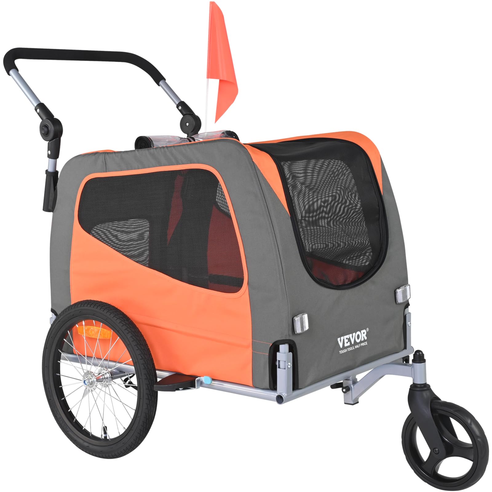 Vevor Dog Bike Trailer, Supports Up To 66 Lbs, 2-In-1 Pet Stroller Cart Bicycle Carrier, Easy Folding Cart Frame With Quick Release Wheels, Universal Bicycle Coupler, Reflectors, Flag, Orange/Gray