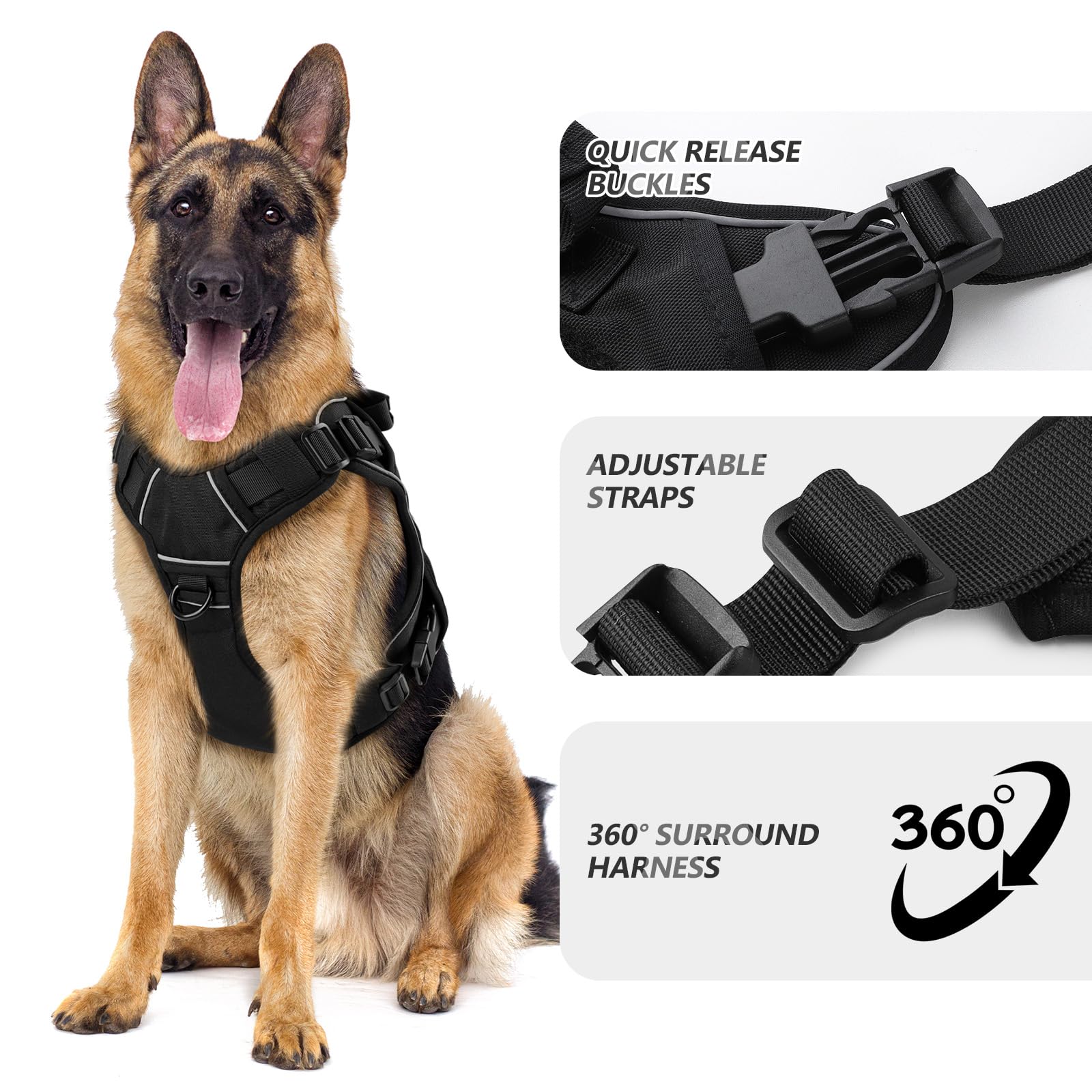 Wingoin Black Tactical Dog Harness Vest For Large Medium Dogs No Pull Adjustable Reflective K9 Military Dog Service Dog Harnesses With Easy Control Handle For Walking Hiking Training(M)