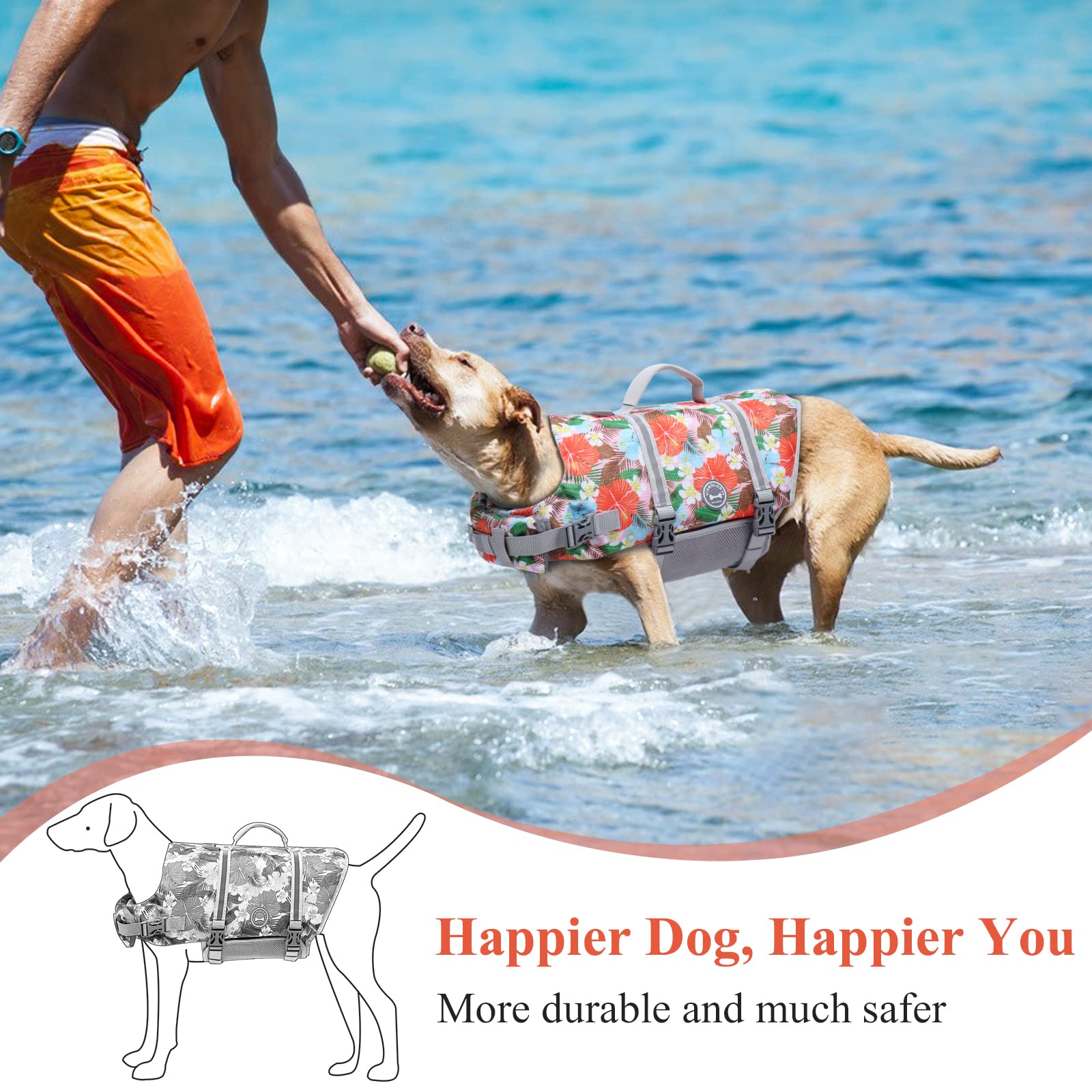 Vivaglory Ripstop Dog Life Jacket For Boating, Dog Lifejackets Swimming Vest Enhanced Visibility Buoyancy Safety, Floral Orange,
