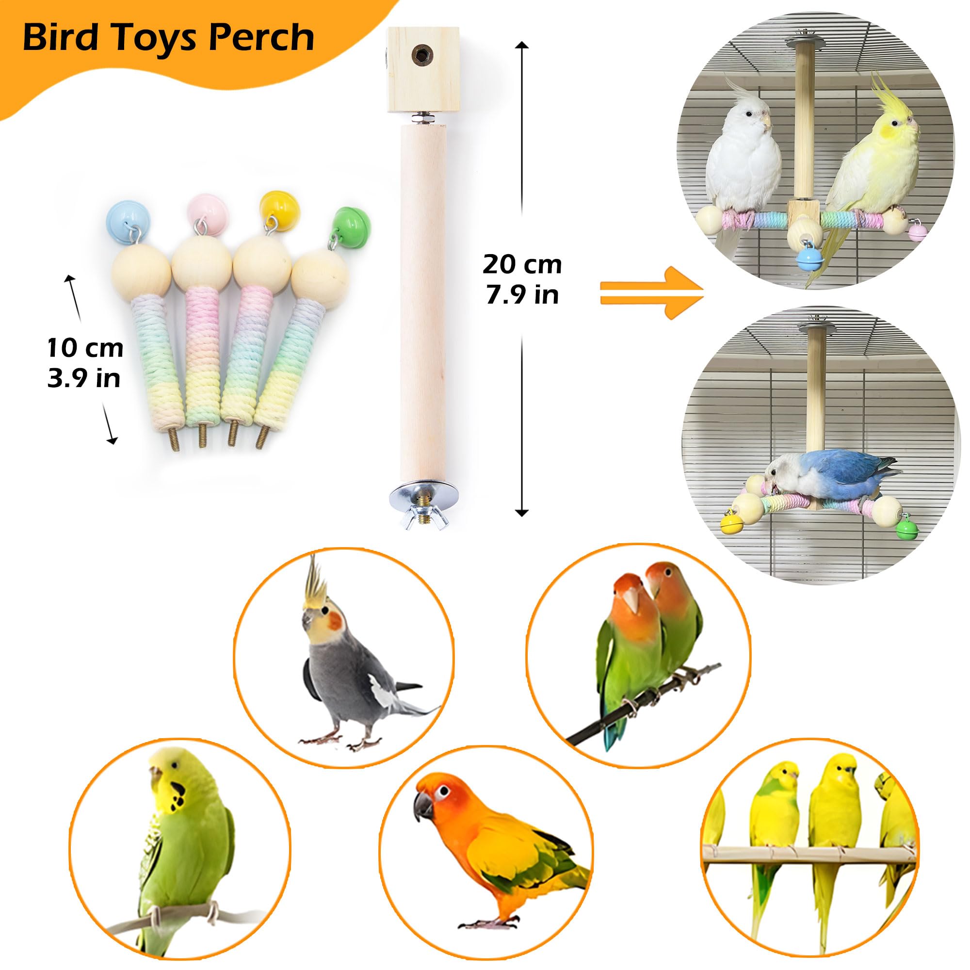 Bird Stand Perch Toy With Bells, Interactive Spinning Parakeet Toys, Wooden Exercise Wheel Parrot Toy, Enrichment Cockatiel Toy