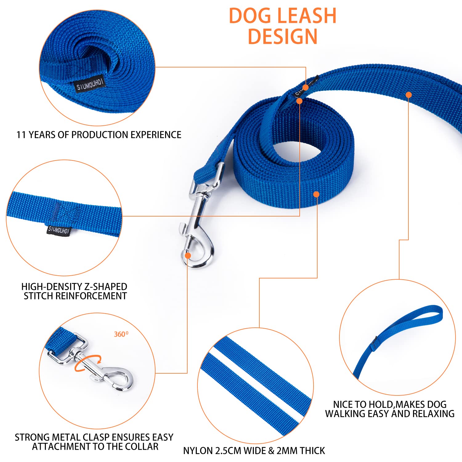 Siumouhoi Strong Durable Nylon Dog Training Leash, 1 Inch Wide Traction Rope, 6 Ft 10Ft 15Ft Long, For Small And Medium Dog (Blu