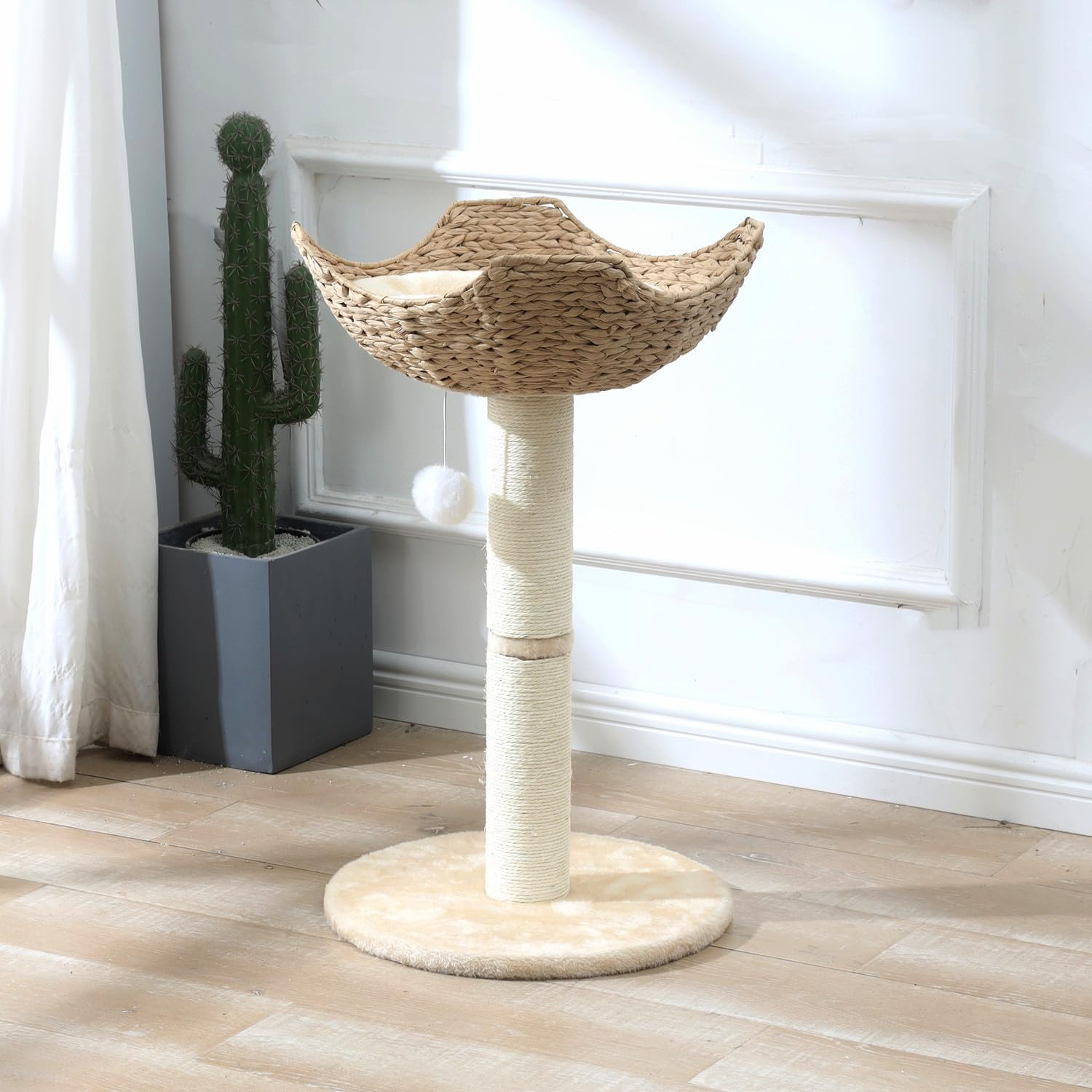 Shengocase Small Cat Tree Tower With Large 17.7'' Rattan Wicker Basket, Handwoven Nest Basket Bed, Window Perch For Large Cats U