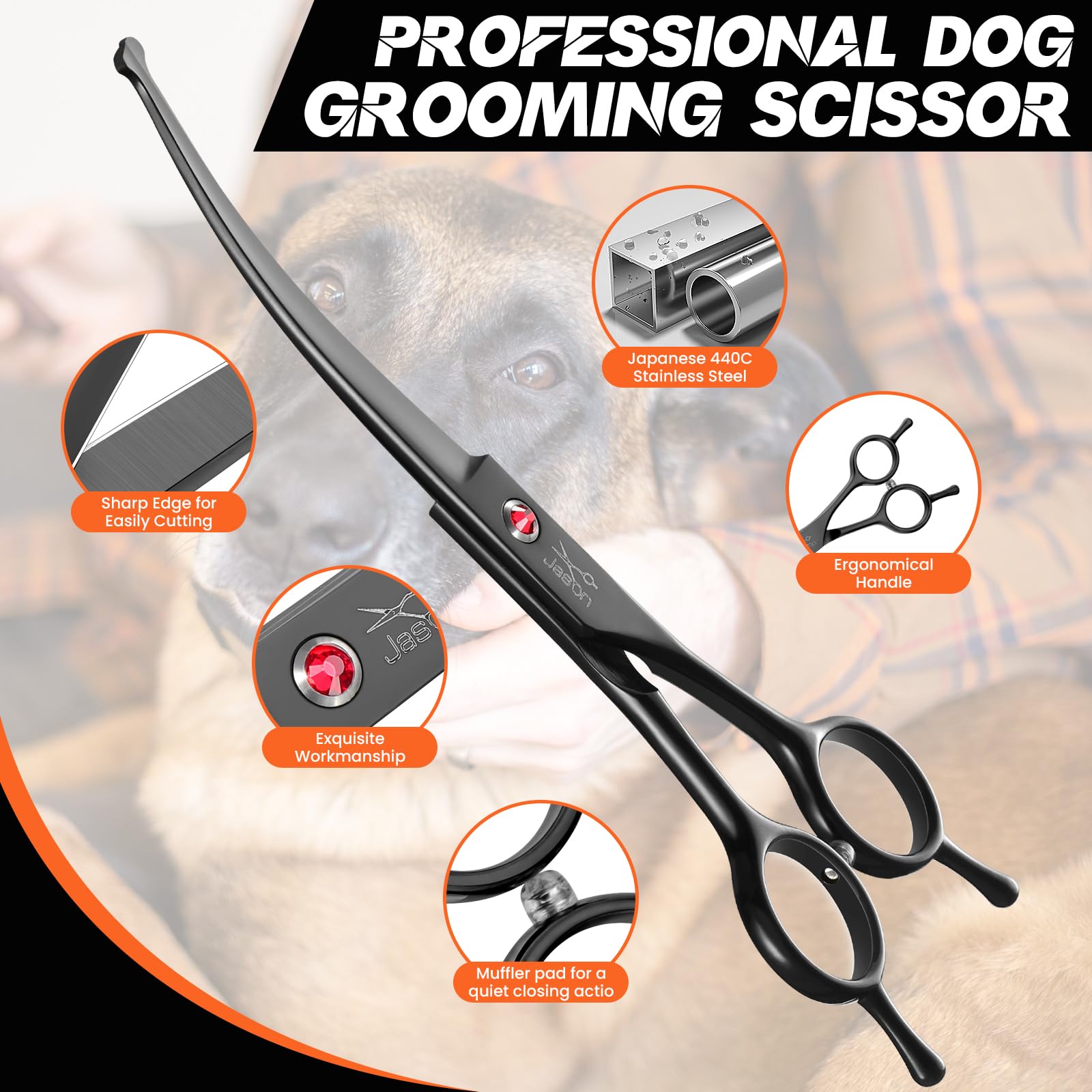 JASON 7.5'' Dog Grooming Shear - Professional Up-curved Scissor with Round Tips Japanese Stainless Steel Hair Scissor for Dogs,