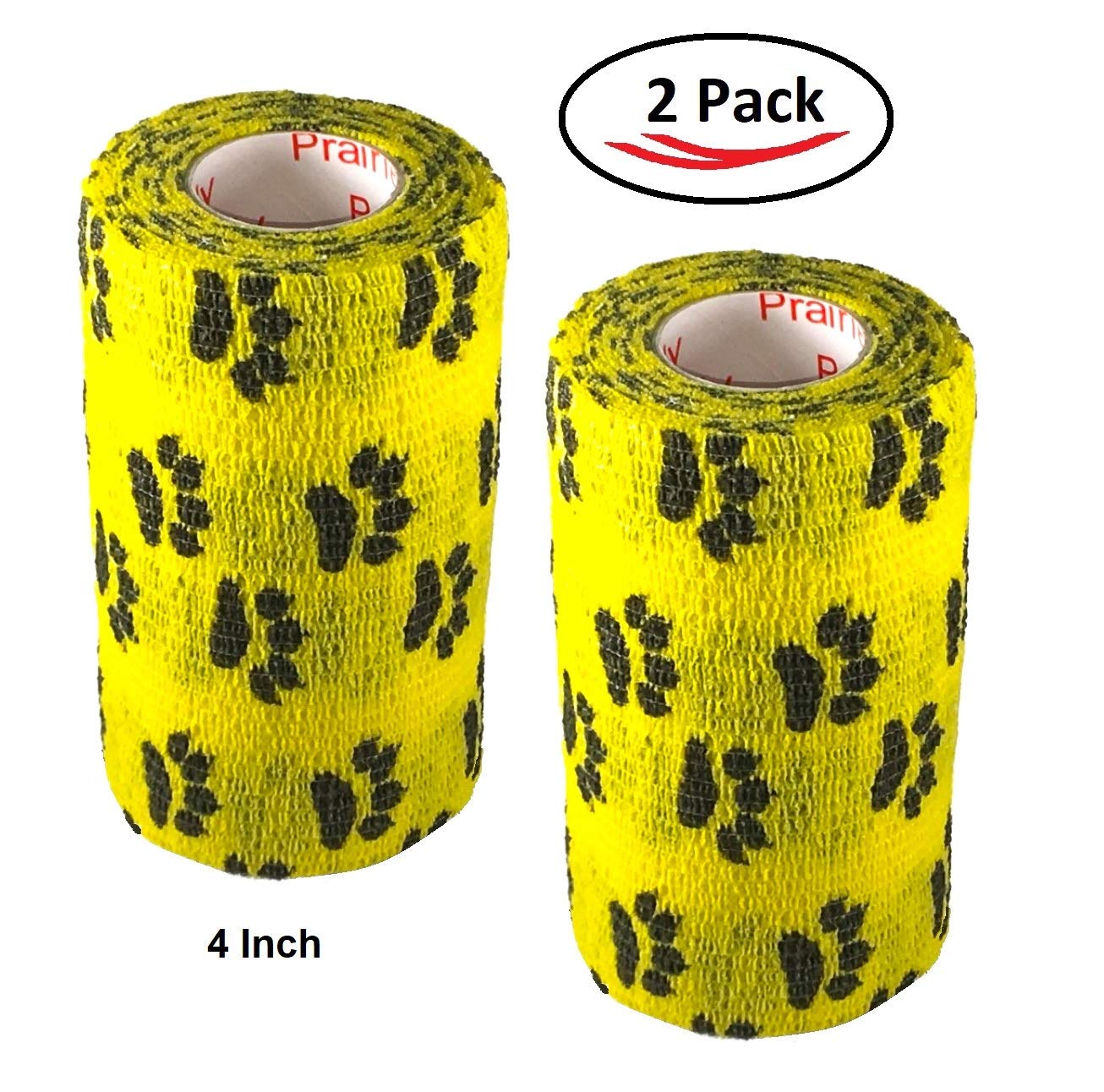 Vet Wrap Wrap Tape (Yellow with Paw Prints) (2 Pack) (4 Inch x 15 feet) Self Adhesive Adherent Adhering Cohesive Flex Self Stick