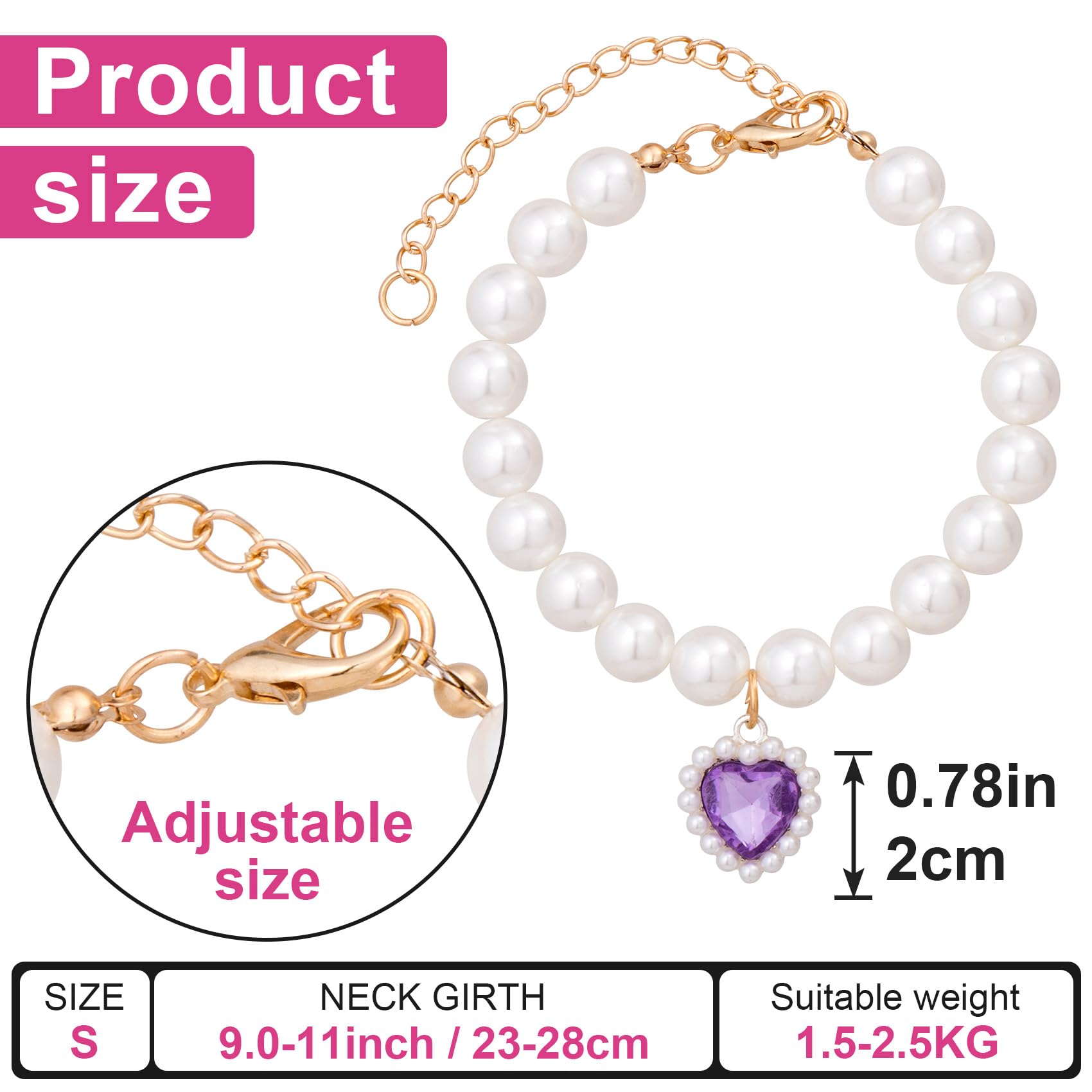 Mxxipp 2Pcs Cat Dog Pearl Collar, Small Heart Shape Rhinestone Pet Necklace, Adjustable Wedding Party Pet Jewelry Accessories Fo