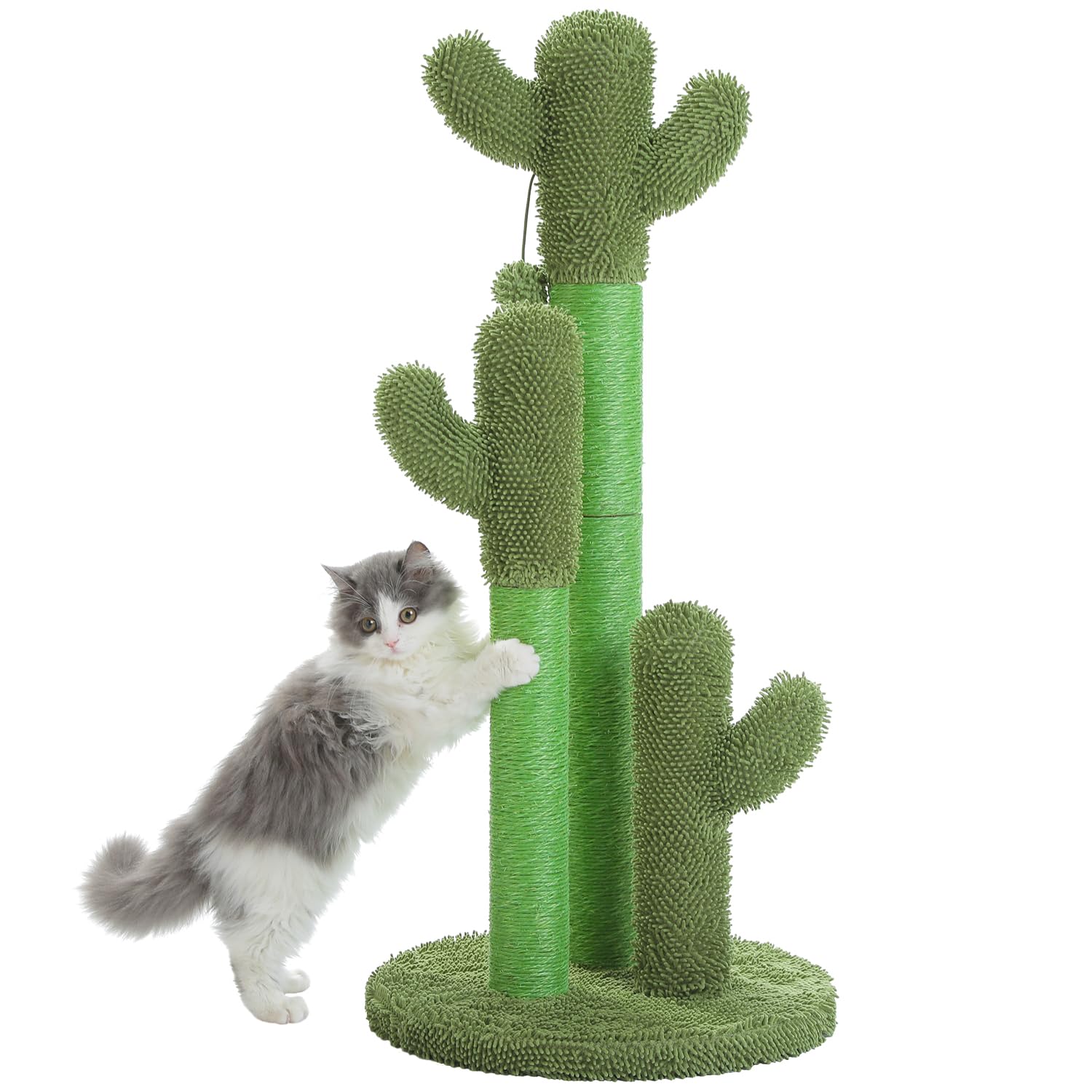 Pawz Road Cat Scratching Post Cactus Cat Scratcher Featuring With 3 Scratching Poles And Interactive Dangling Ball - 35 Inches