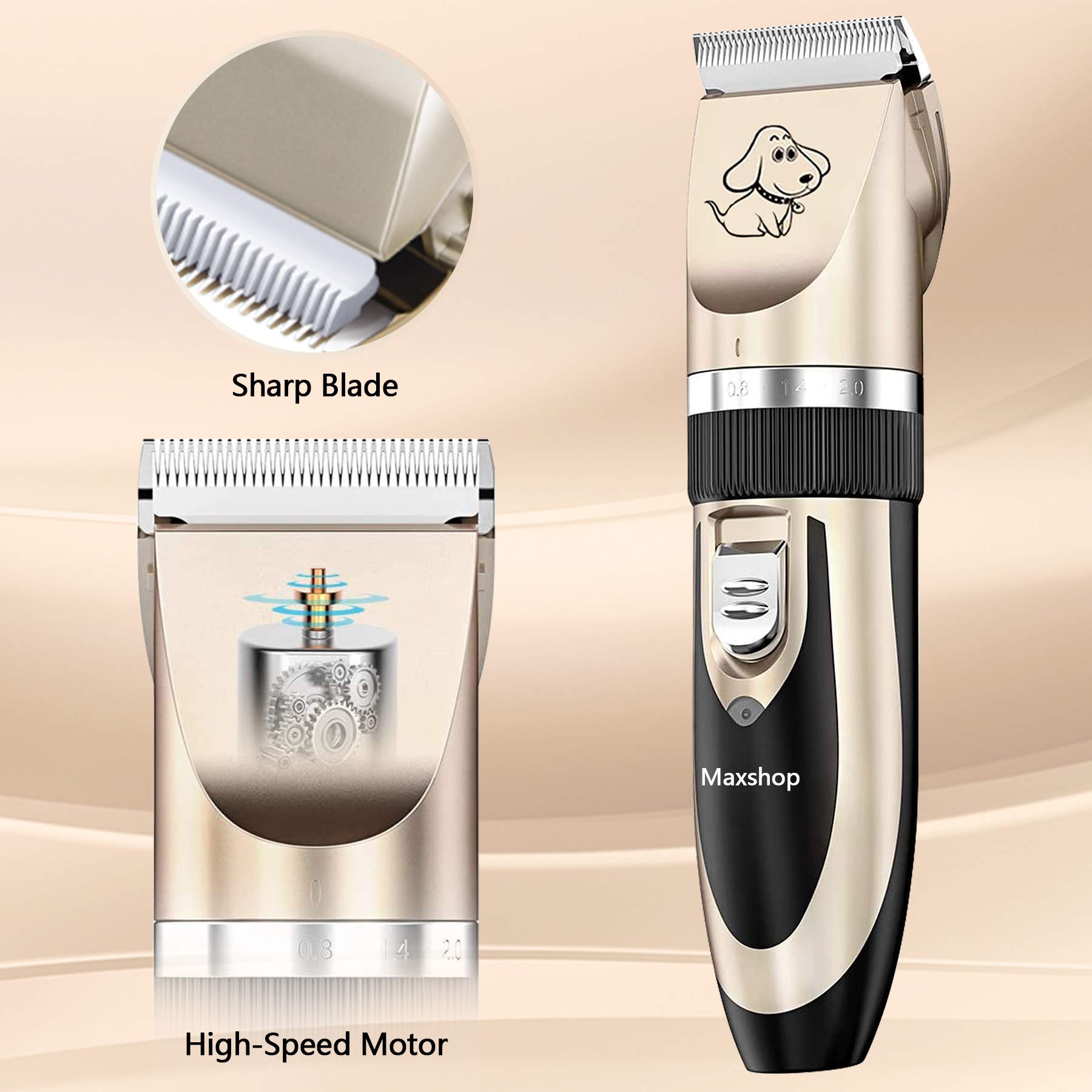 Maxshop Dog Grooming Kit, Low Noise Rechargeable Dogs Shaver Clippers Electric Quiet Dog Hair Trimmer For Dogs And Cats With Comb Guides Scissors Nail Kits (Gold Black)