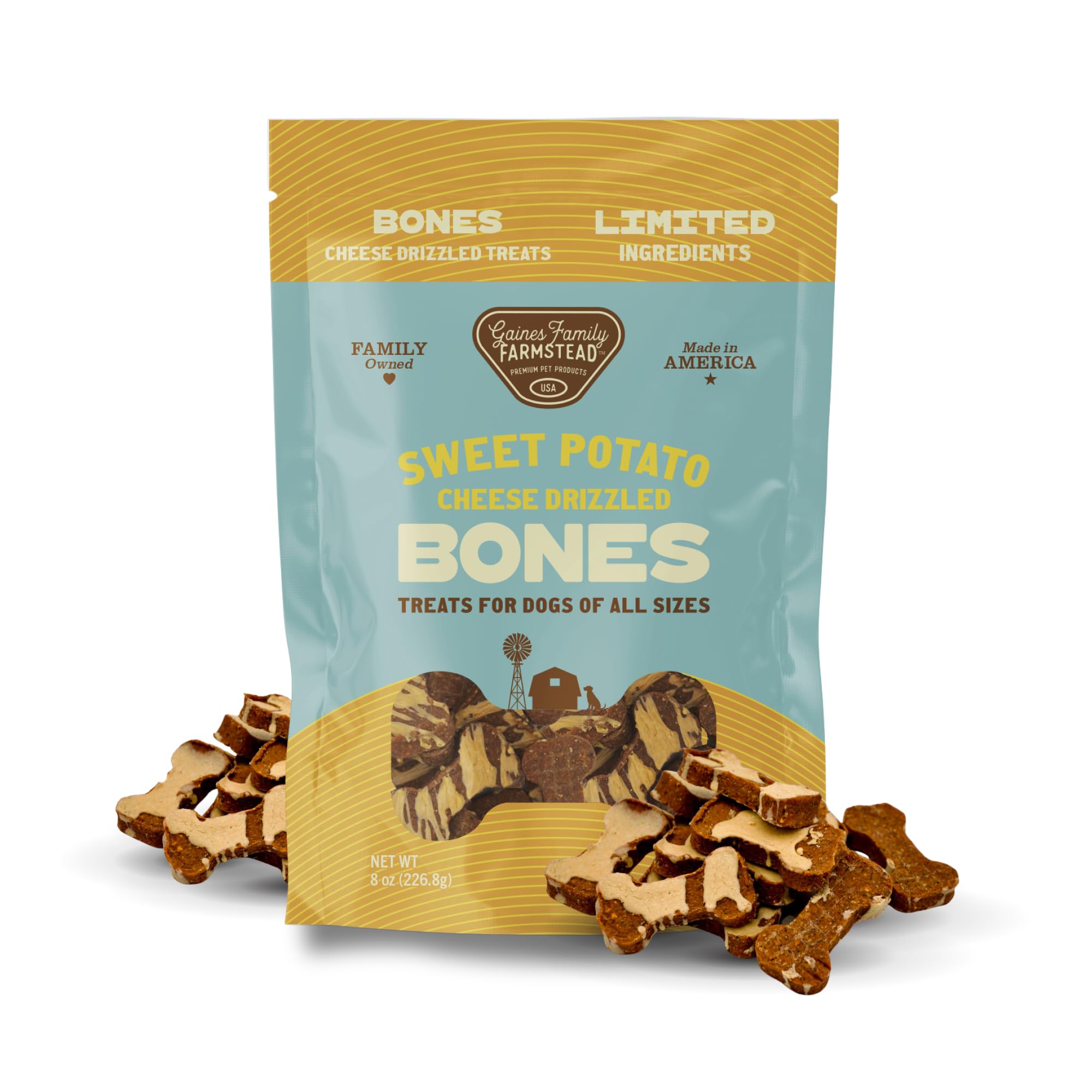 Gaines Family Farmstead Cheese Drizzled Sweet Potato Dog Bones - 8 oz Grain-Free, All-Natural Dog Treats for Digestion, Skin, En