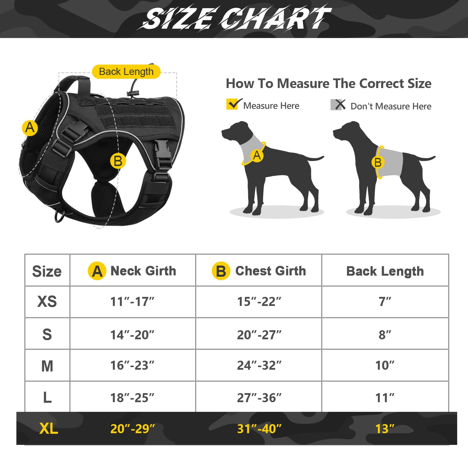 Wingoin Black Tactical Dog Harness For Large Dogs No Pull Adjustable Reflective Military Pet Harness With Easy Control Handle With Hook & Loop Panels For Walking Hiking Training(Xl)