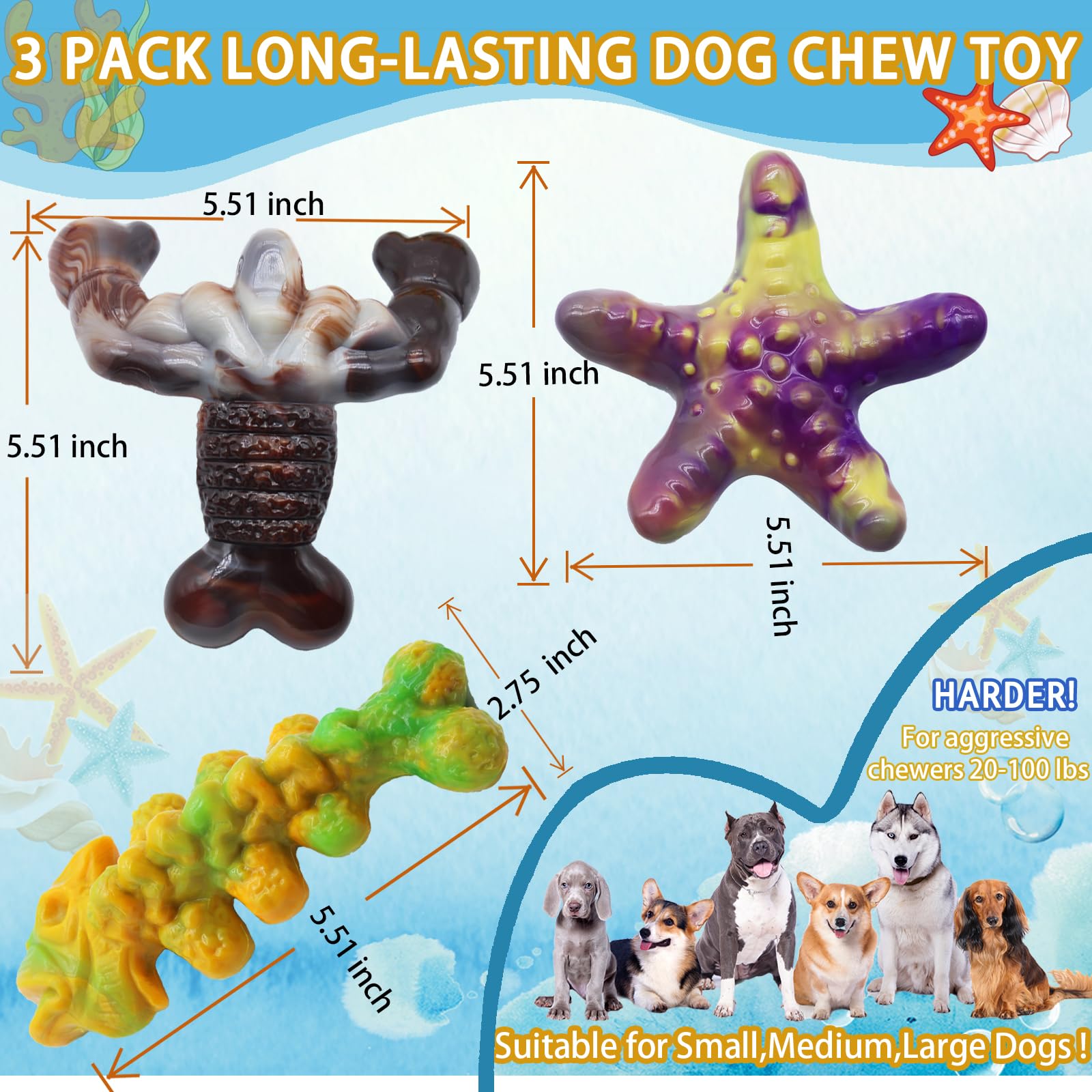 Dog Chew Toys For Aggressive Chewers,3 Pack Tough Dog Bone Toys To Keep Them Busy, Indestructible Pet Toy For For Medium/Large B